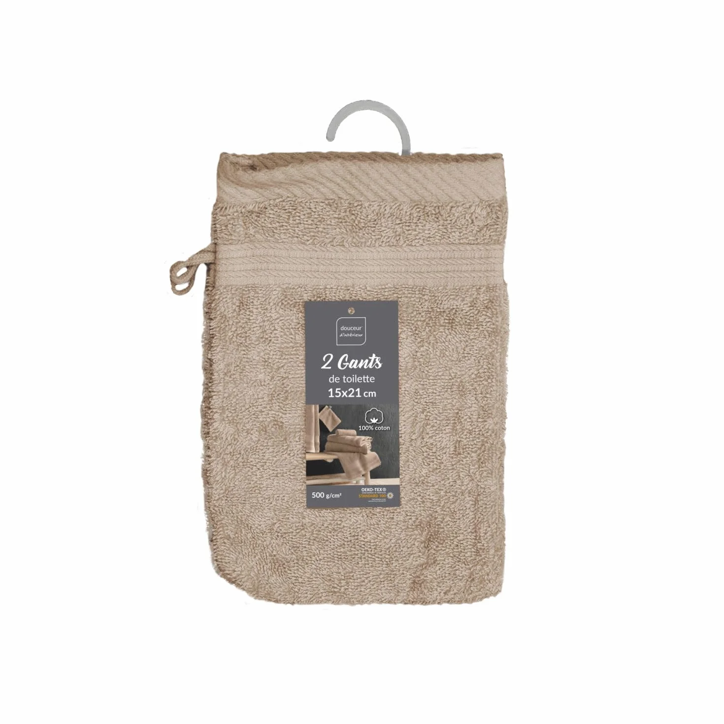 Gants de Toilette 100% Coton 15 x 21 cm Tendresse Taupe