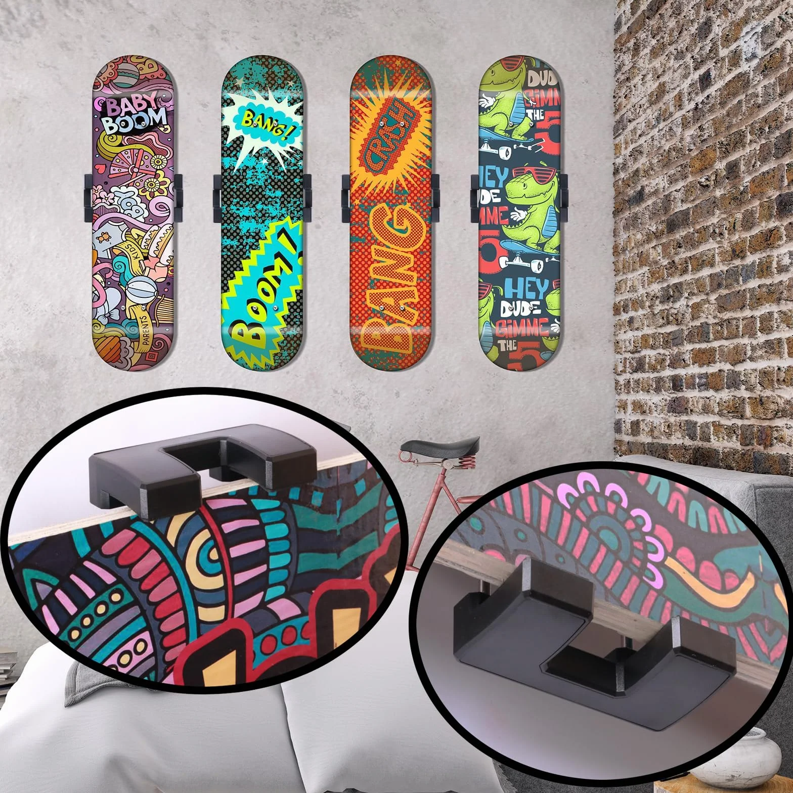 Support Mural pour Planche de Skate HHUXIUE, Support Mural pour Skateboard pivotant à 360°, Crochet d'affichage Flottant, adapté à Tous Les skateurs.