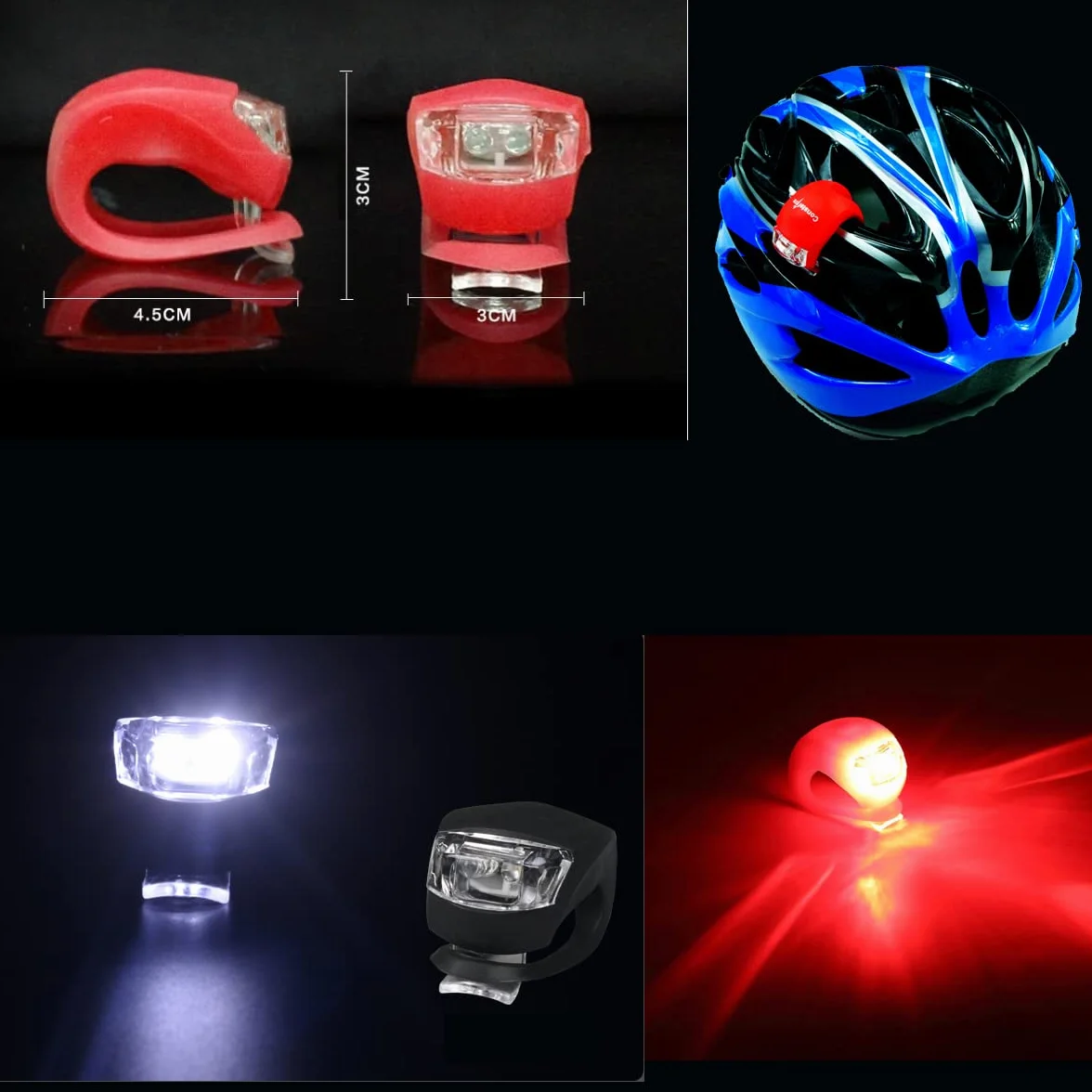 Éclairage Vélo |LED pour Vélo Silicone LED Lumiere Vélo | Lumière Vélo Avant et Arrière | VTT VTC Cycliste (4pcs (2pcs rouge/2pcs Noir))