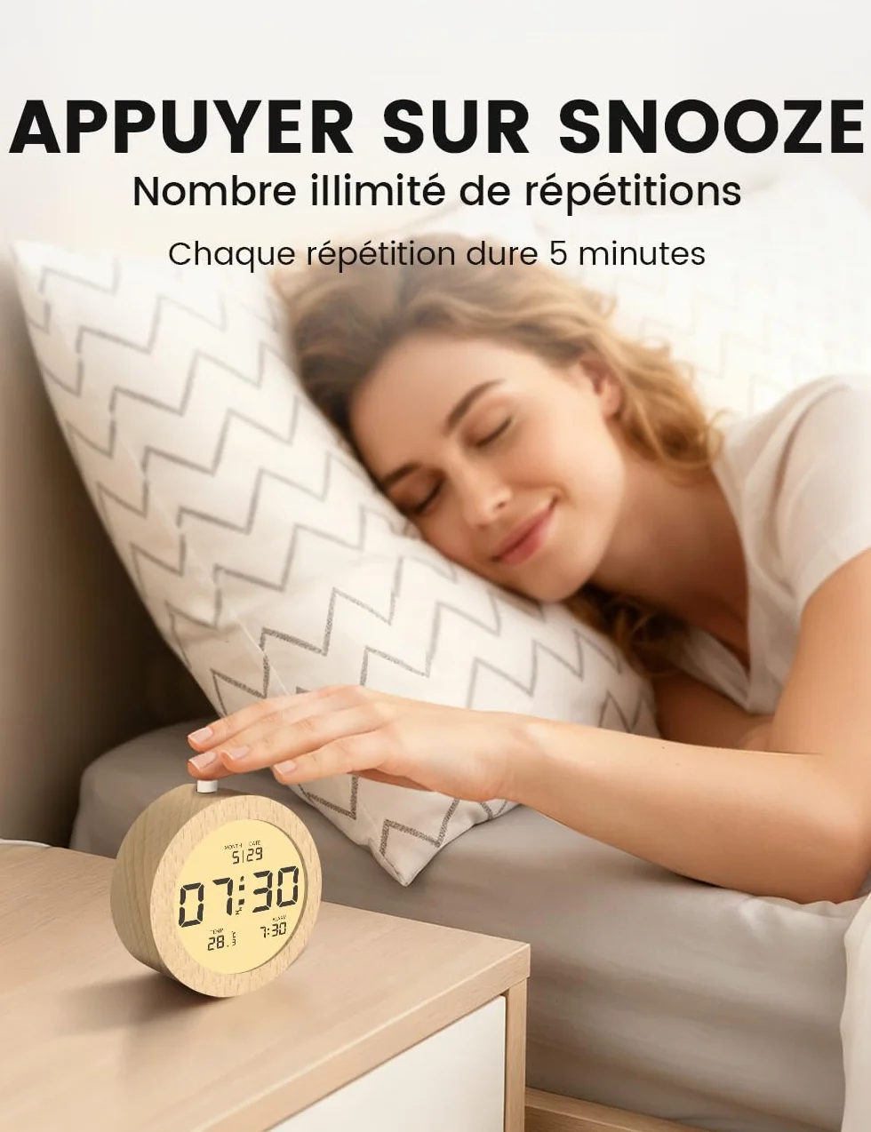 aboveClock Réveil Numérique en Bois avec Écran LCD, Température, Date, Snooze, Rétroéclairage, 3 Piles AAA
