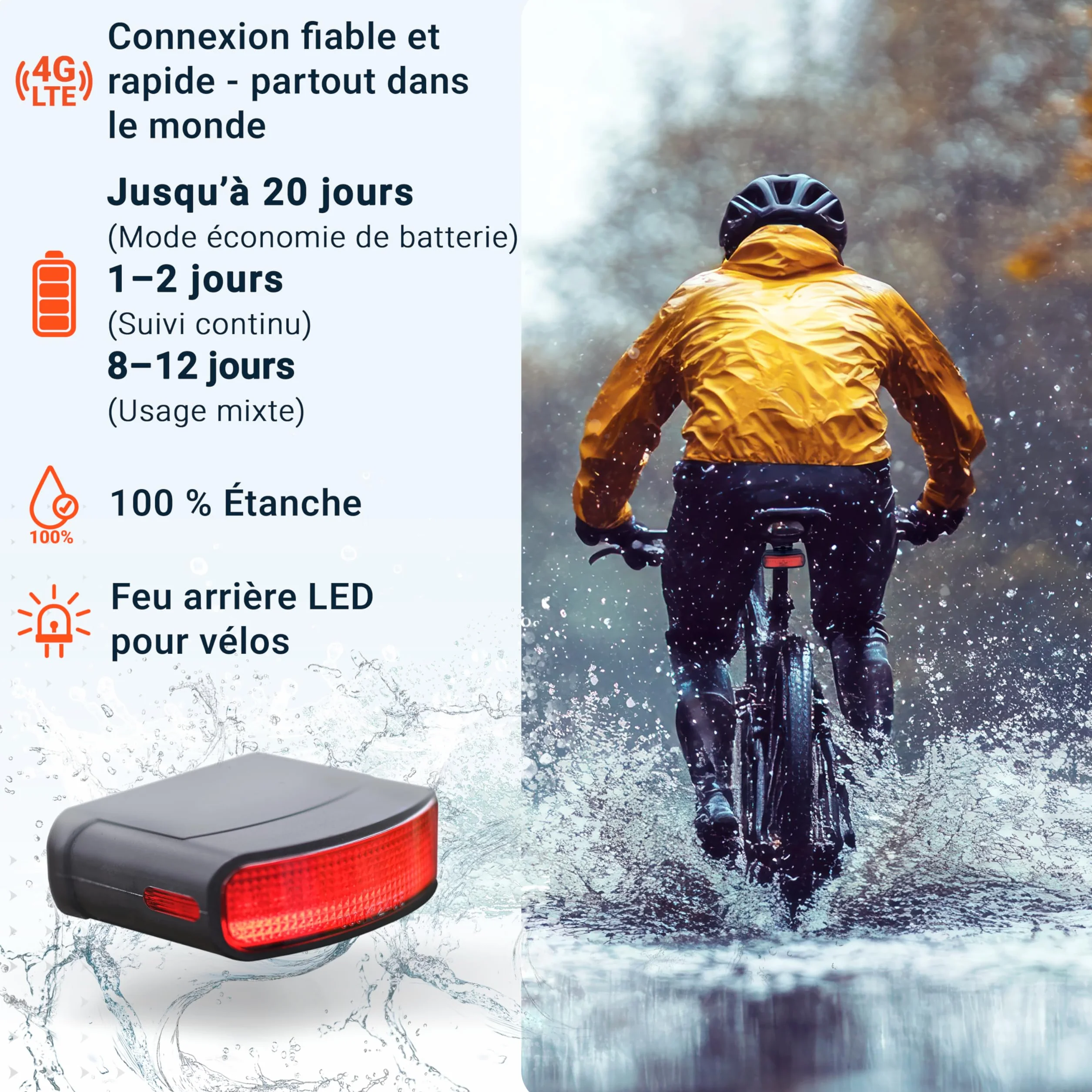 PAJ GPS Tracker pour vélo avec feu arrière - Abonnement Premium 3 Mois Inclus - Suivi 4G en Temps réel avec Alerte de Chute, géorepérage et mémoire des trajets - Jusqu’à 20 Jours d’autonomie