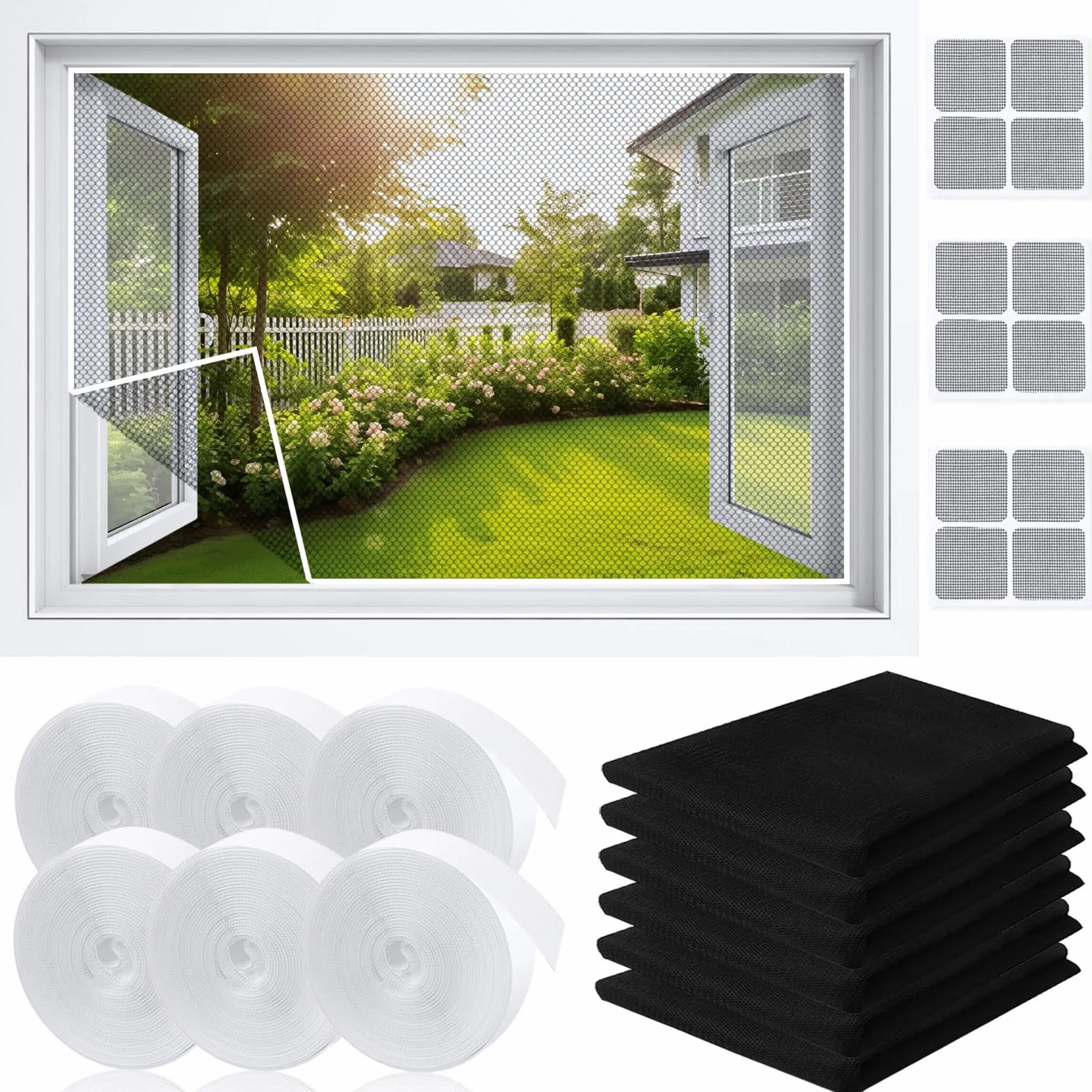 Lot de 6 Moustiquaire Fenêtre sans Perçage 150x130CM Moustiquaire Fenetre avec 6 Rouleaux de Ruban Adhésif Moustiquaires Noires