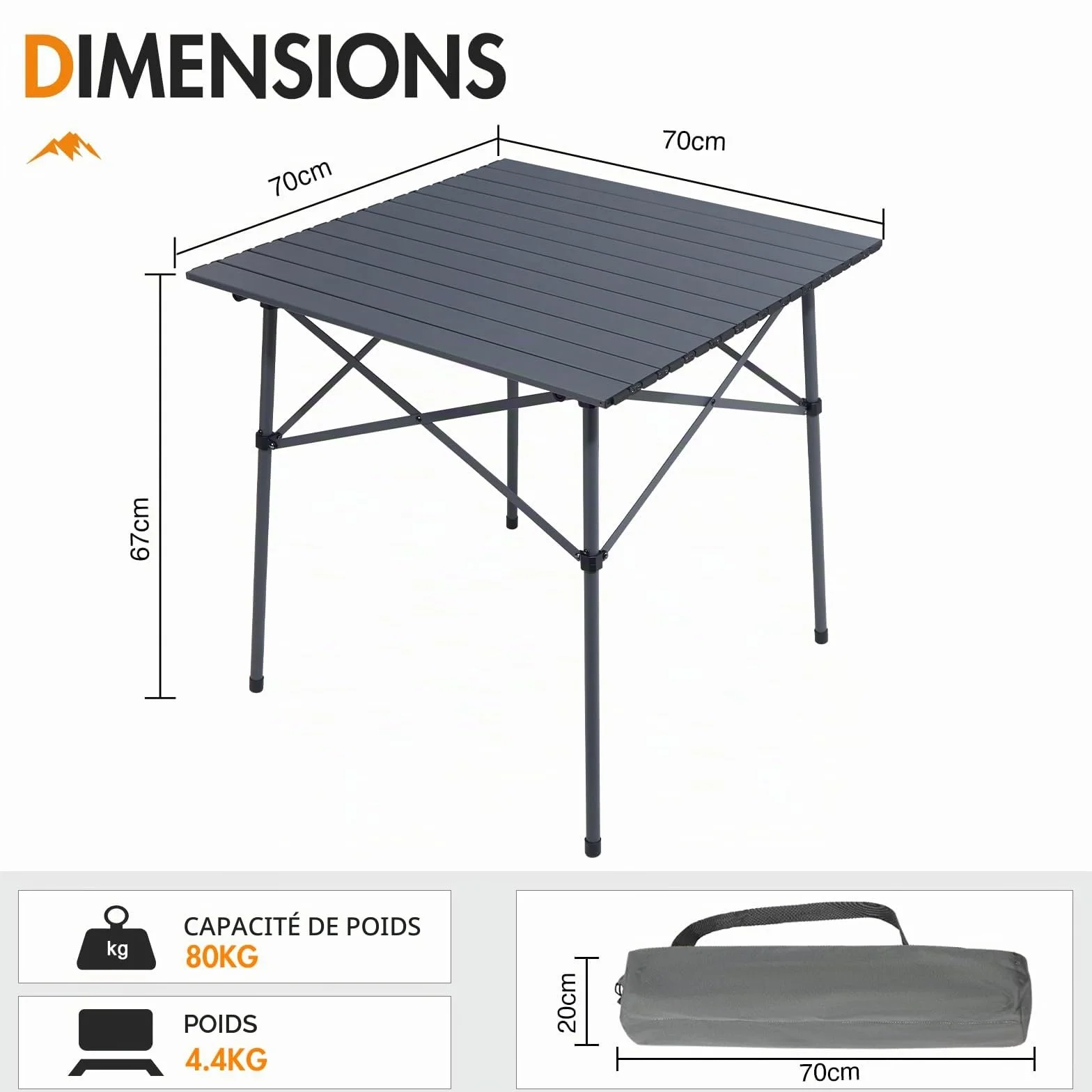 Table de camping pliante carrée en aluminium 70 x 70 cm pour 4 personnes avec sac de transport