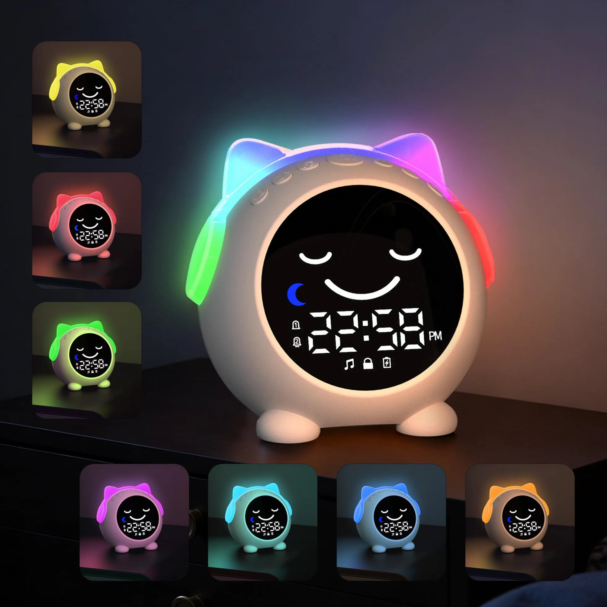 Réveil Enfant Chat Éducatif Jour/Nuit avec Veilleuse Sons Apaisants 2 Alarmes Mode Week-End Rechargeable