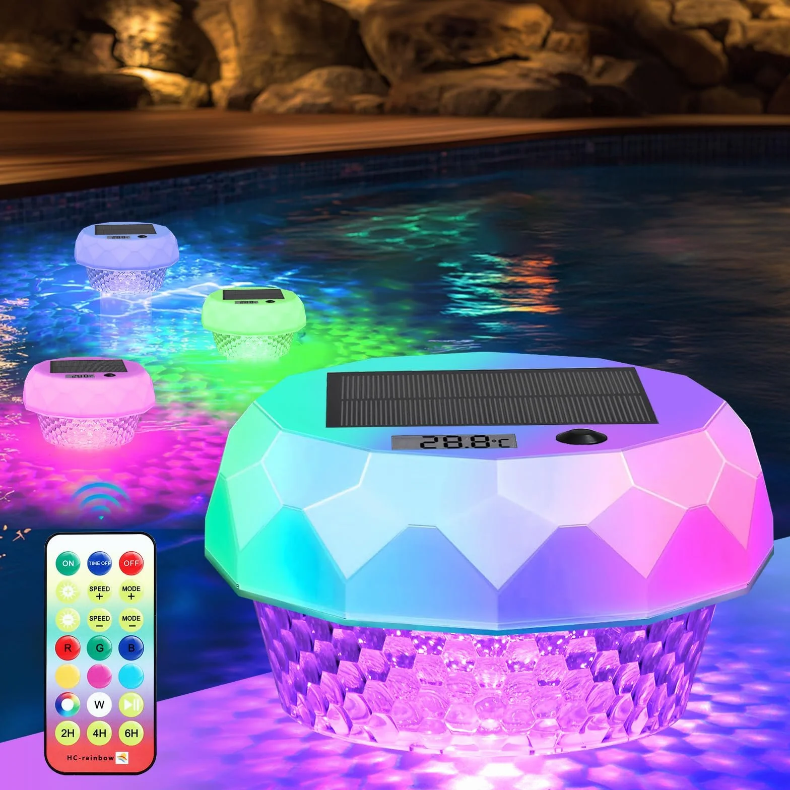 Lumiere Solaires Piscine LED RGB avec Thermomètre Télécommande IP68 Lampe Flottante