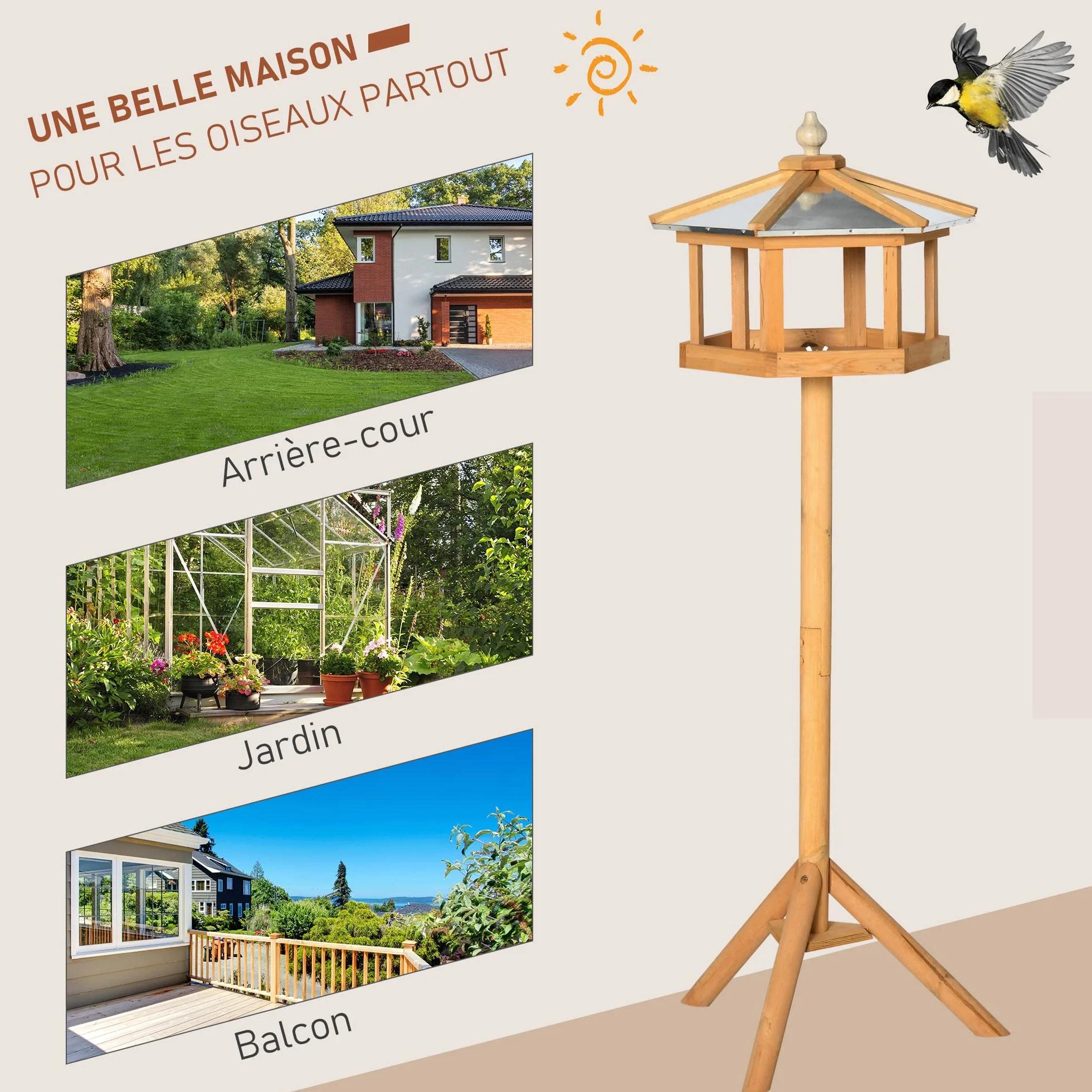 HOMCOM Mangeoire pour Oiseaux Sauvages sur Pied en Bois 113 cm
