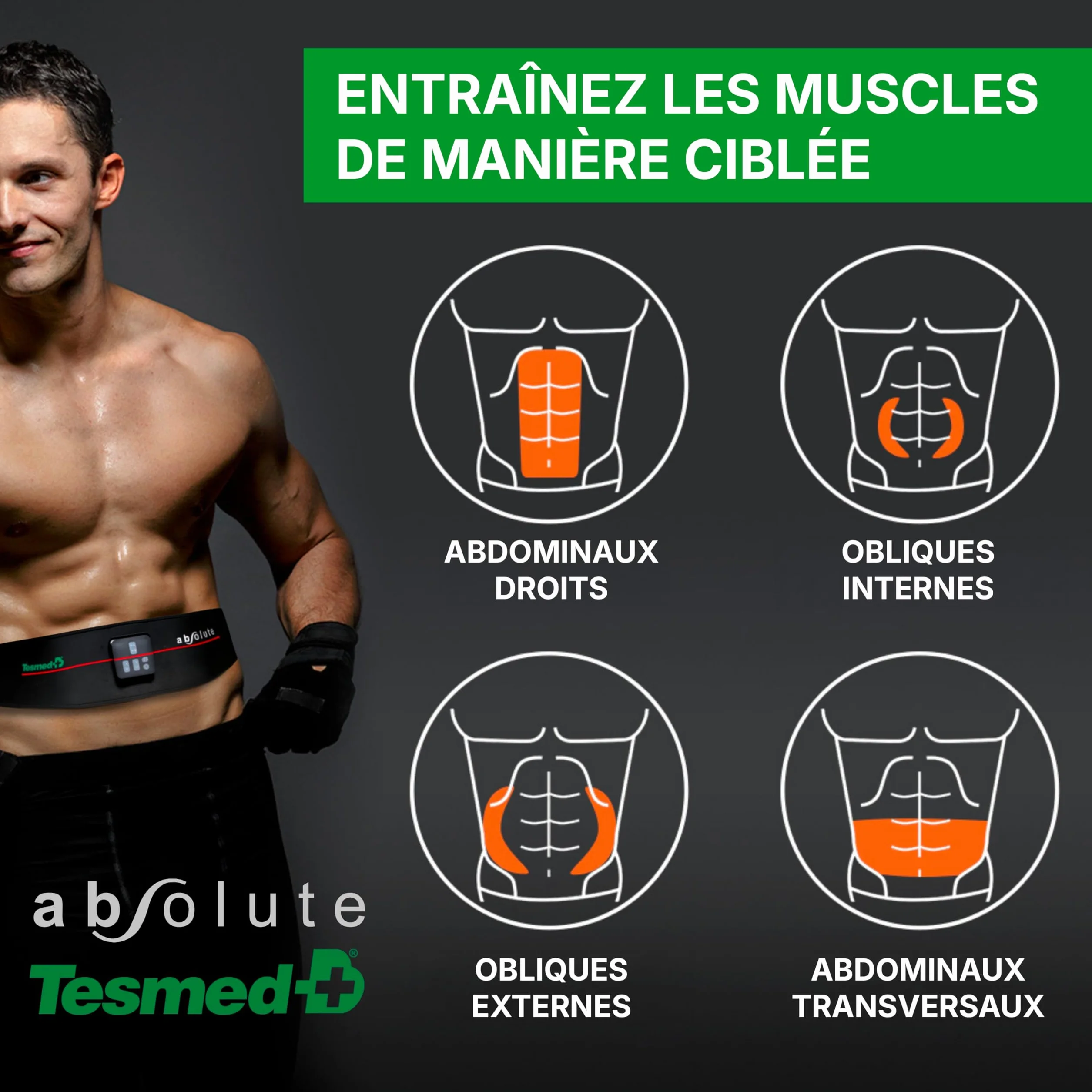 TESMED Absolute Ceinture Abdominale, entraînement Abdominal EMS, electrostimulateur Musculaire Bado centraux et latéraux, Unisexe, Rechargeable, Made in Italy