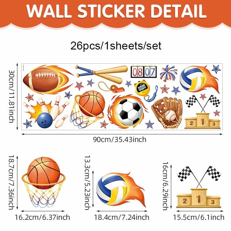 Autocollant Mural 3D Sports de Balle Football Rugby Basketball, Décoration Murale pour Chambre Enfants