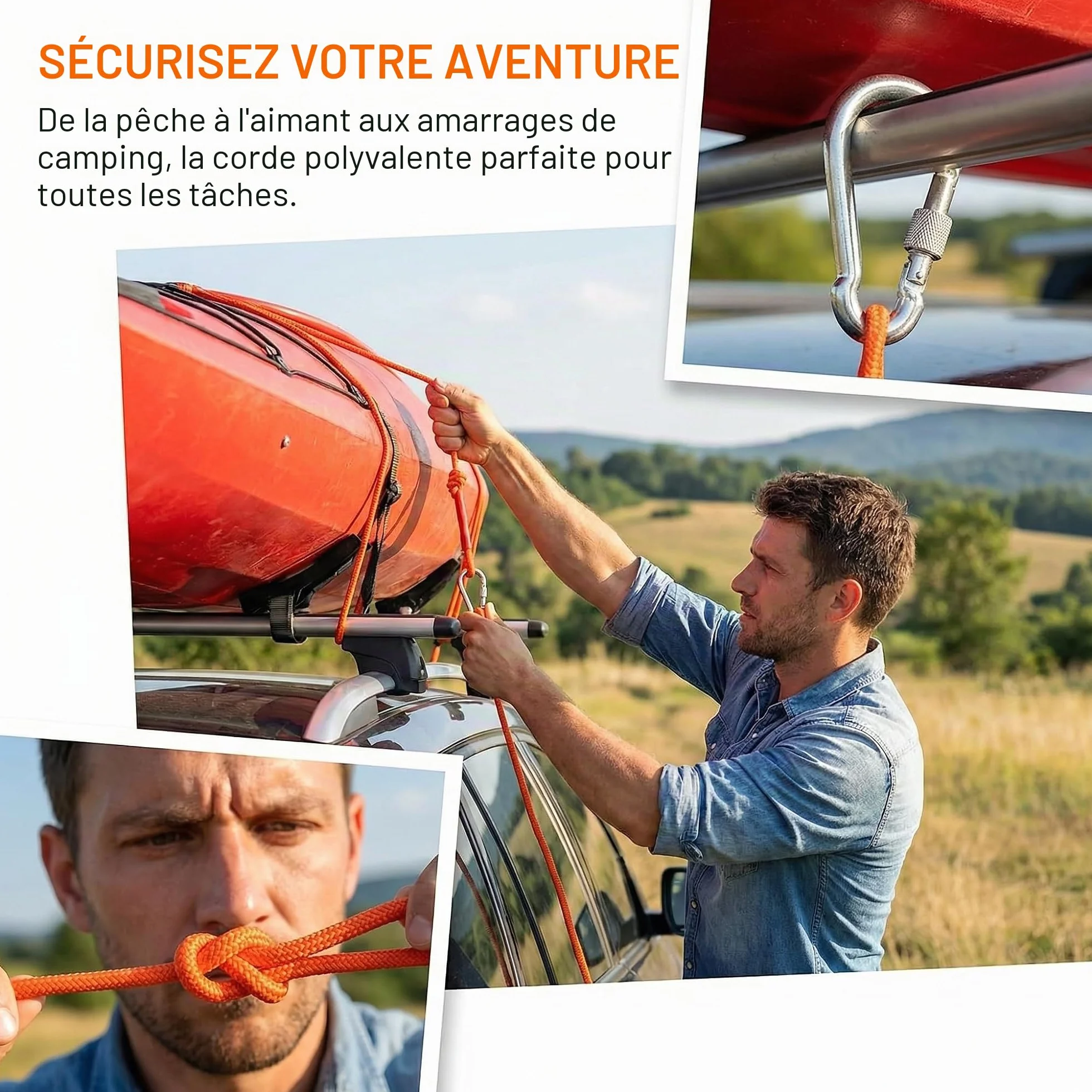 Corde Tressée Polypropylène avec Mousqueton Anti-Corrosion pour Escalade Pêche Alpinisme