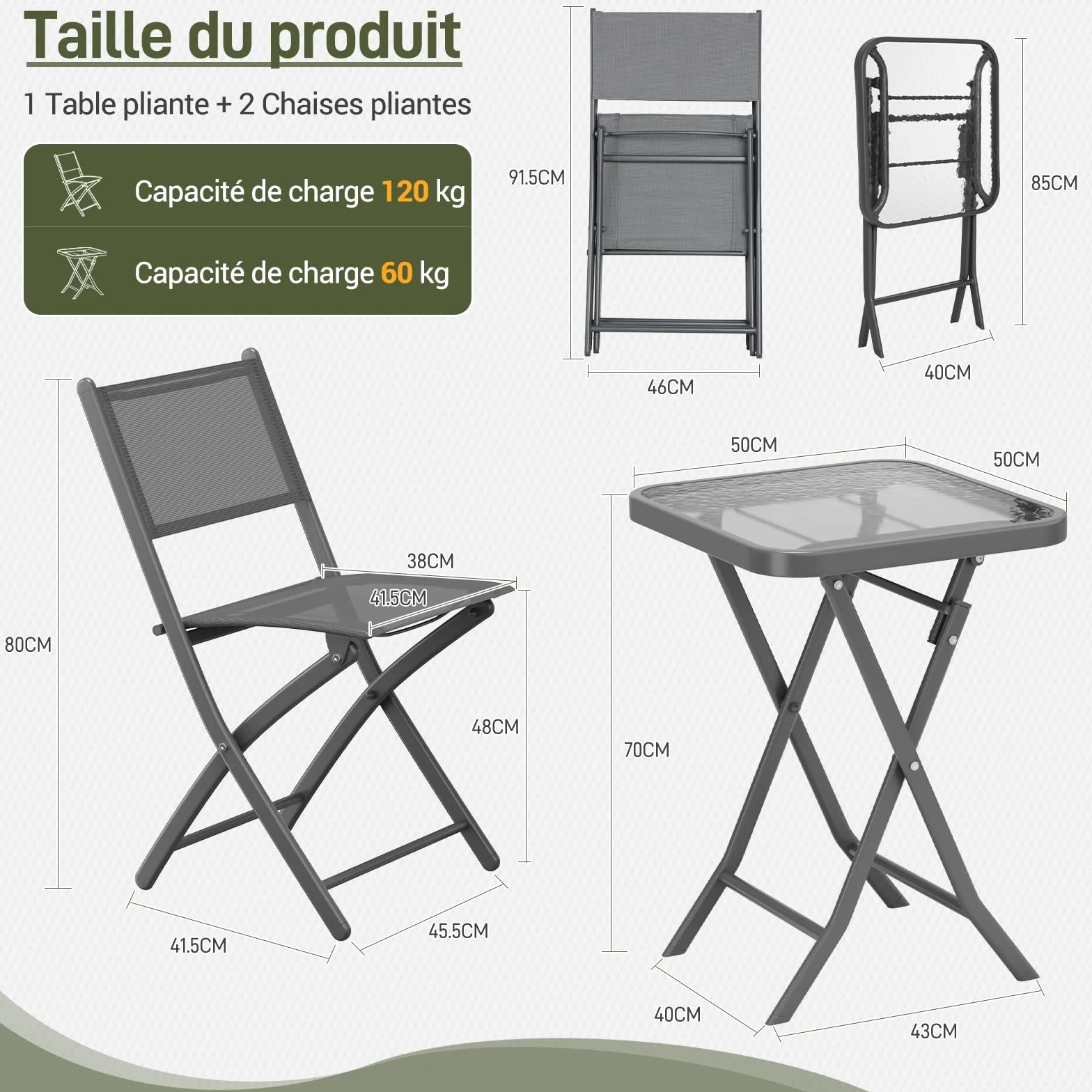 LIFERUN Ensemble Bistrot de Jardin 3 Pièces Pliantes, Table et 2 Chaises, Tissu Textilène, Gris