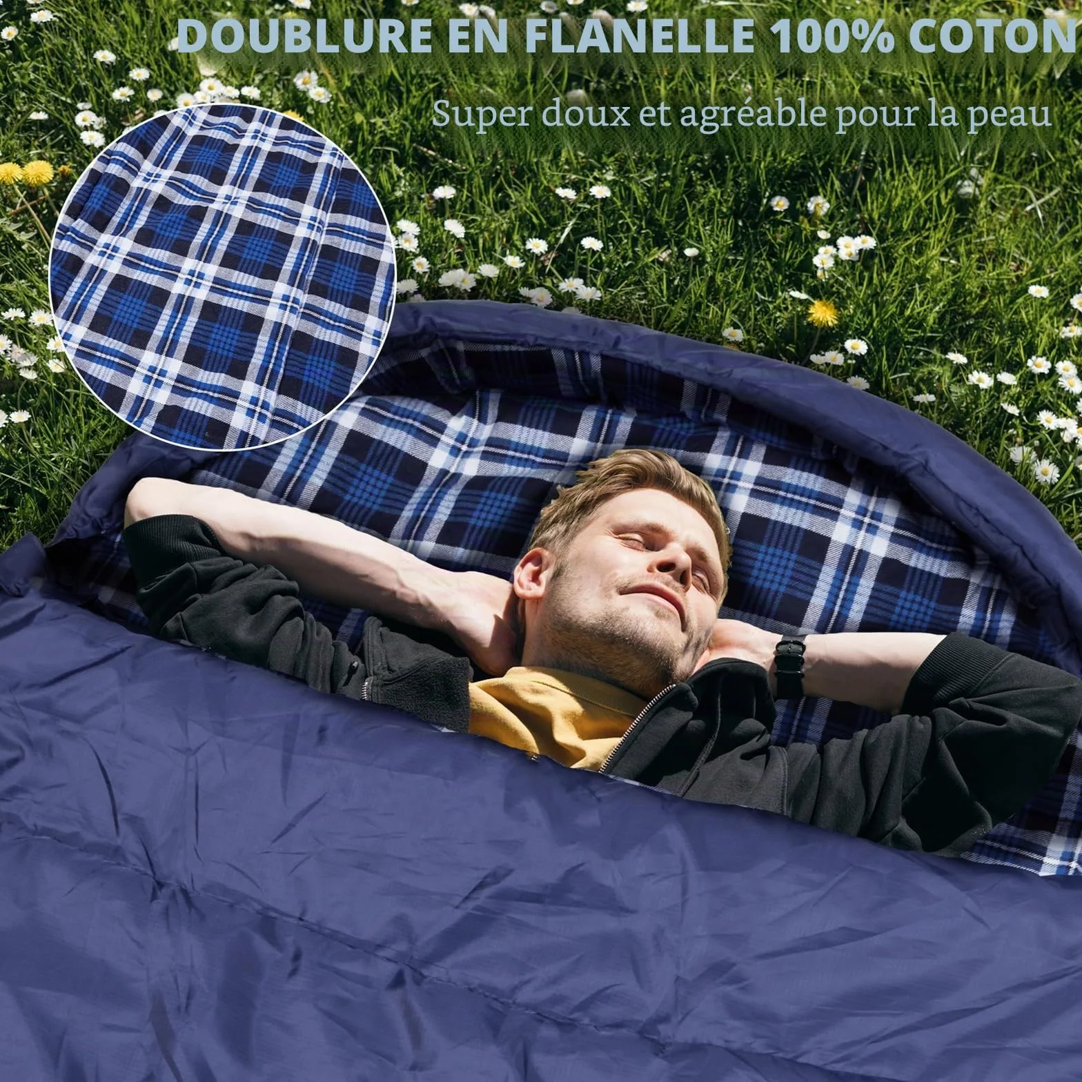 Sac de Couchage en Flanelle de Coton pour Adultes, 100% Coton, Camping, 3-4 Saisons