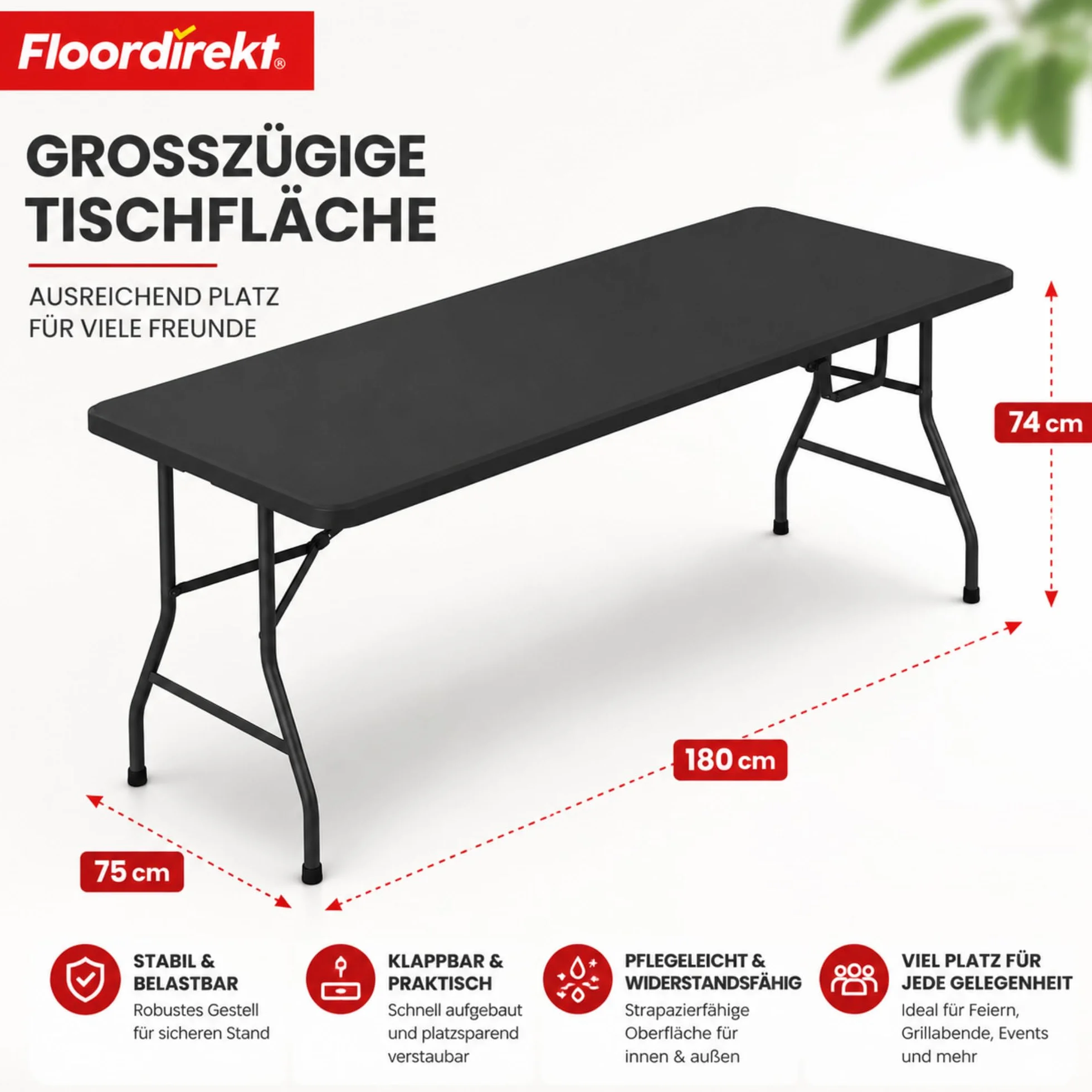 Table de Jardin Pliable en Plastique 180 x 73 cm avec Poignée de Transport - Table Pliante pour Jardin, Terrasse et Balcon - Table de Camping pour 6 Personnes (Kyoto)