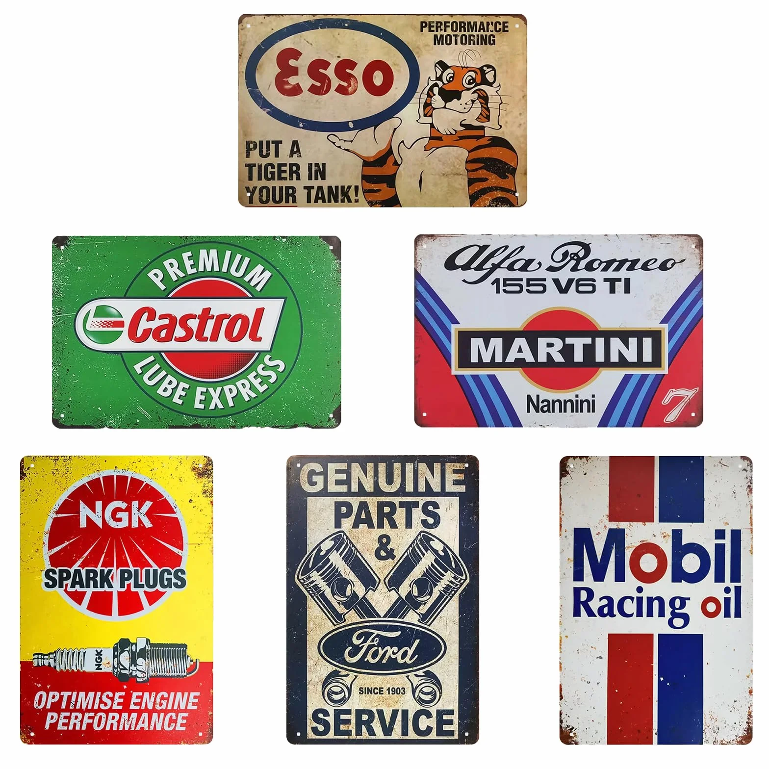 Lot de 6 plaques en métal vintage 20x30 cm décoration murale rétro garage atelier bar art mural automobile classique