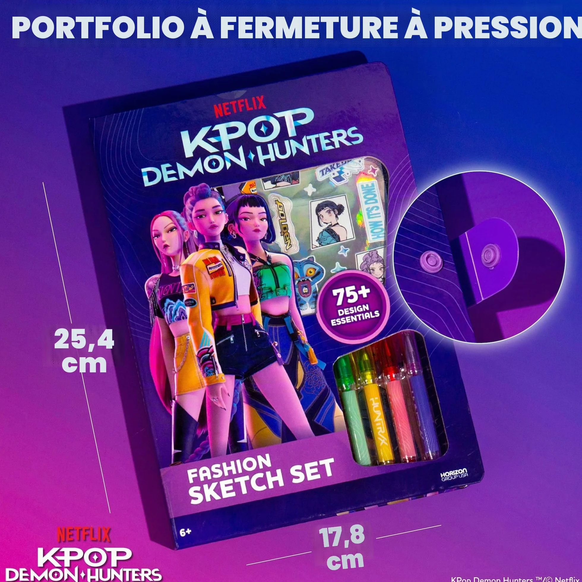 Kpop Demon Hunters Fashion Sketch Set - Livre à colorier, Stylos gel, Autocollants, Pochoirs