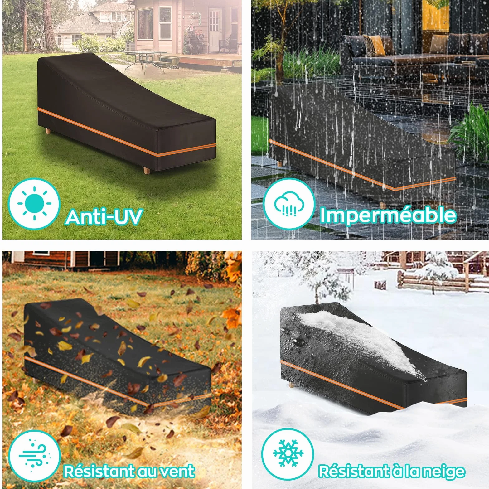 Housse de Protection pour Transat 2Pcs Imperméable Anti-UV Jardin Tissu Oxford 600D Renforcé 200x75x40/70cm Noir
