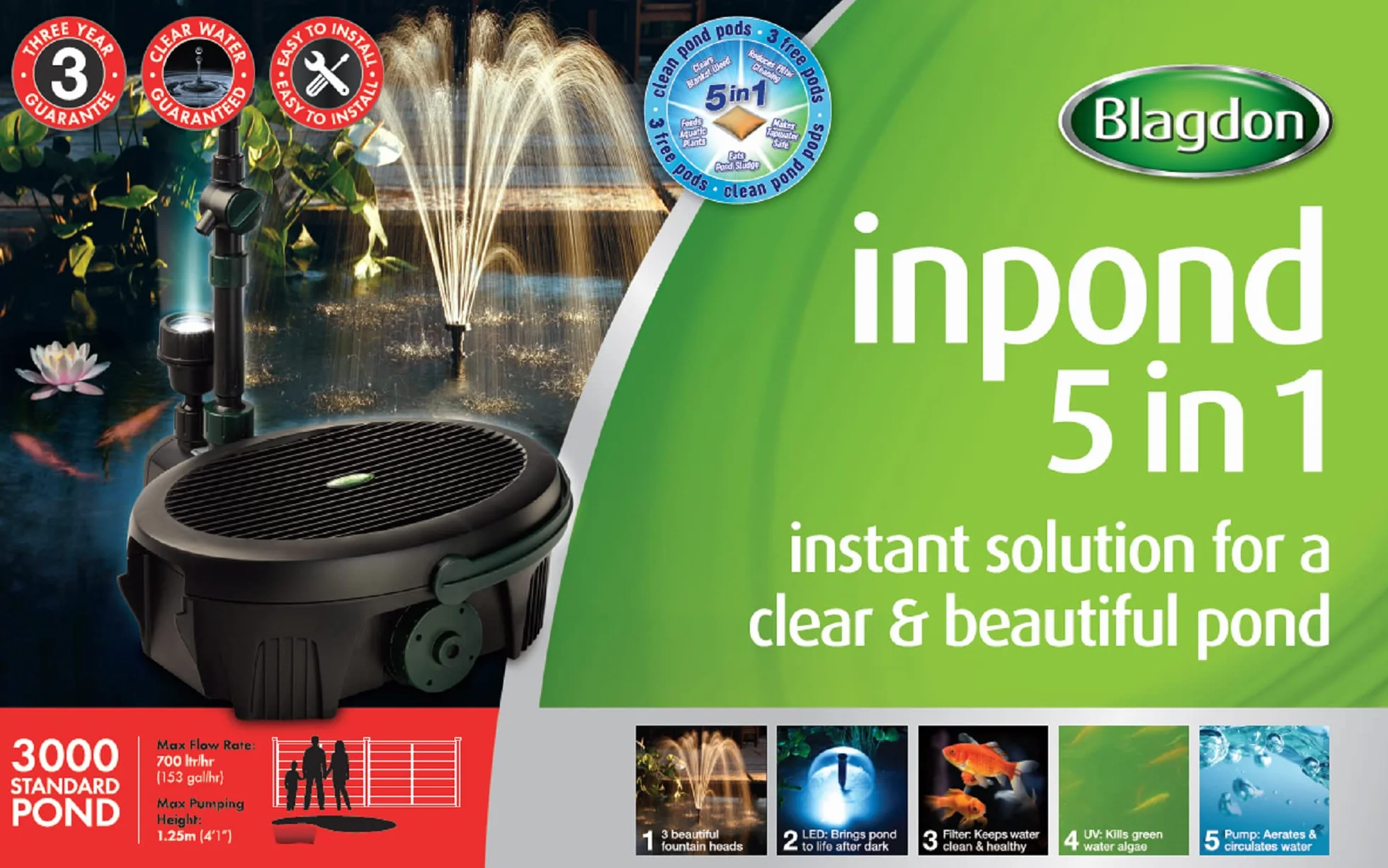 Blagdon Pompe et filtre de bassin Inpond 5 en 1 3000, 10 W, UV, LED, 3 têtes, jusqu'à 3000 L, noir
