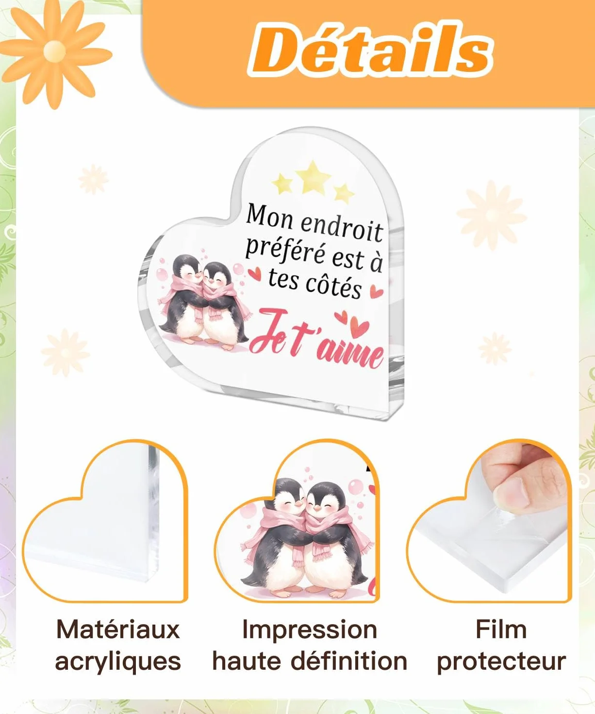 Panneau Acrylique Cœur Pingouins Je T’aime Décoration Cadeau Couple Saint-Valentin