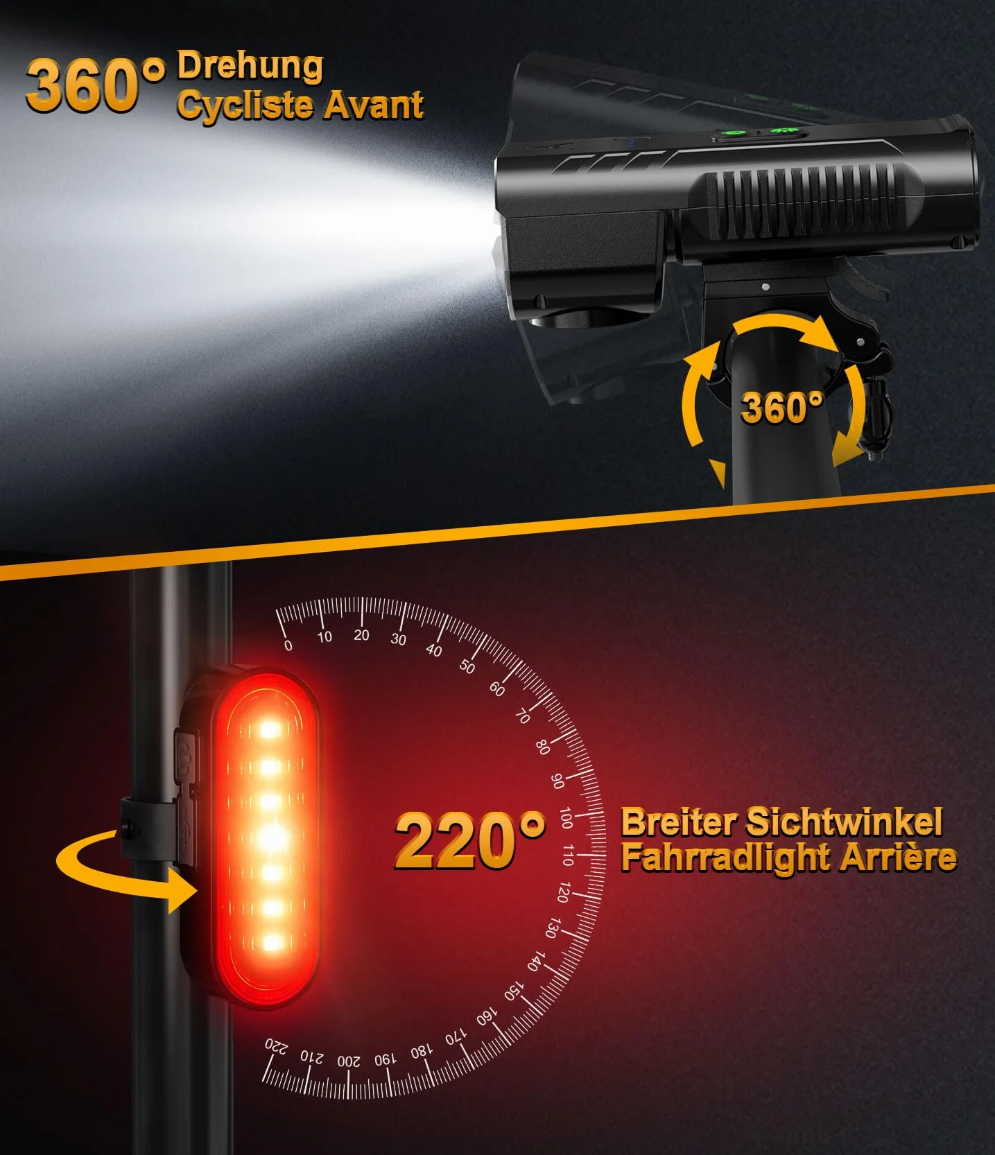 100% Super Lumiere Velo Avant et Arriere: 【Nouvelle Version 130% Plus Lumineuse】 4400mAh Lampe Velo 3+8 Modes Éclairage & IPX6 Étanche, Lampe Velo LED puissantes pour Camping Randonnée