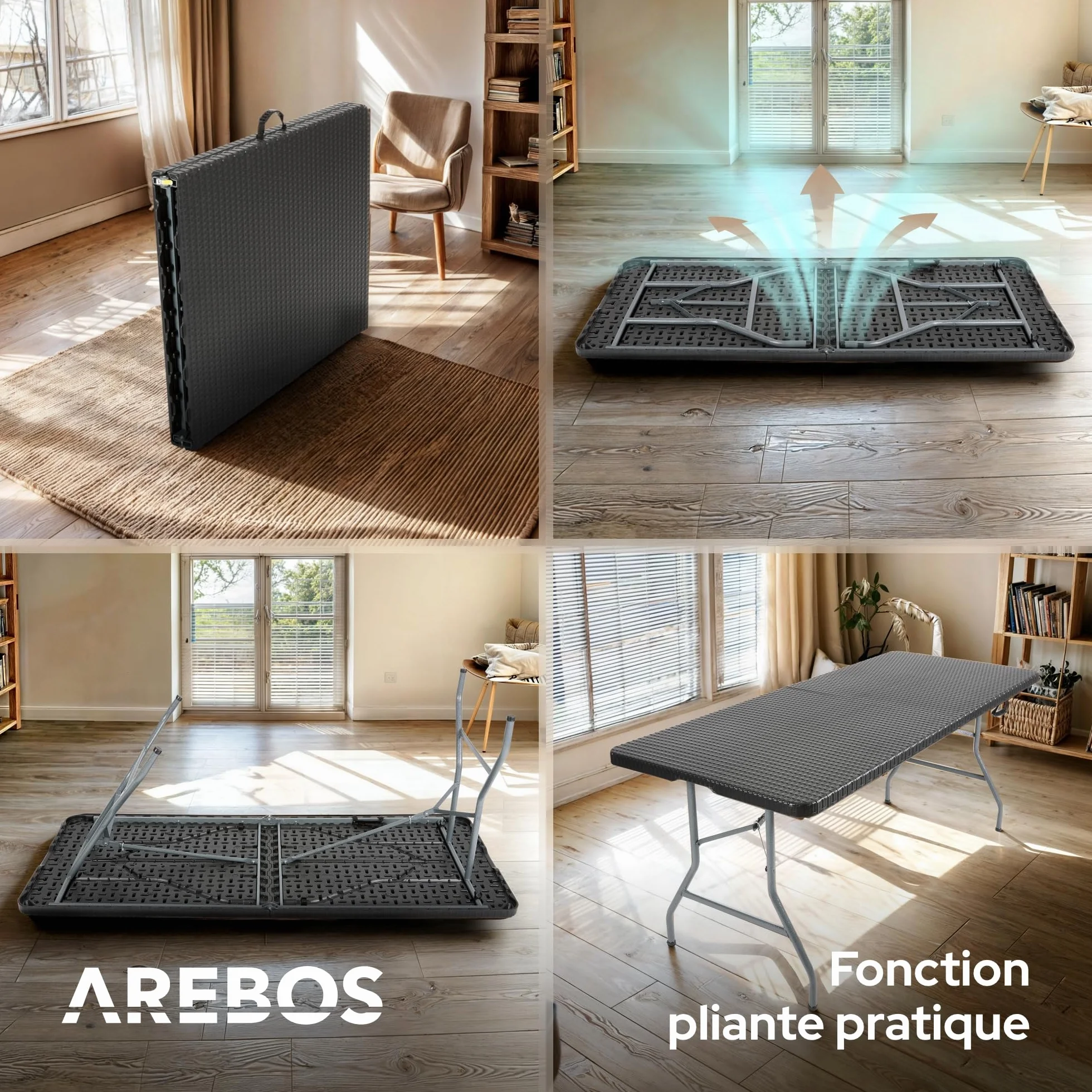 AREBOS Table de Buffet Pliable 182 x 74 x 74 cm Aspect rotin Résistant aux intempéries 8 Personnes