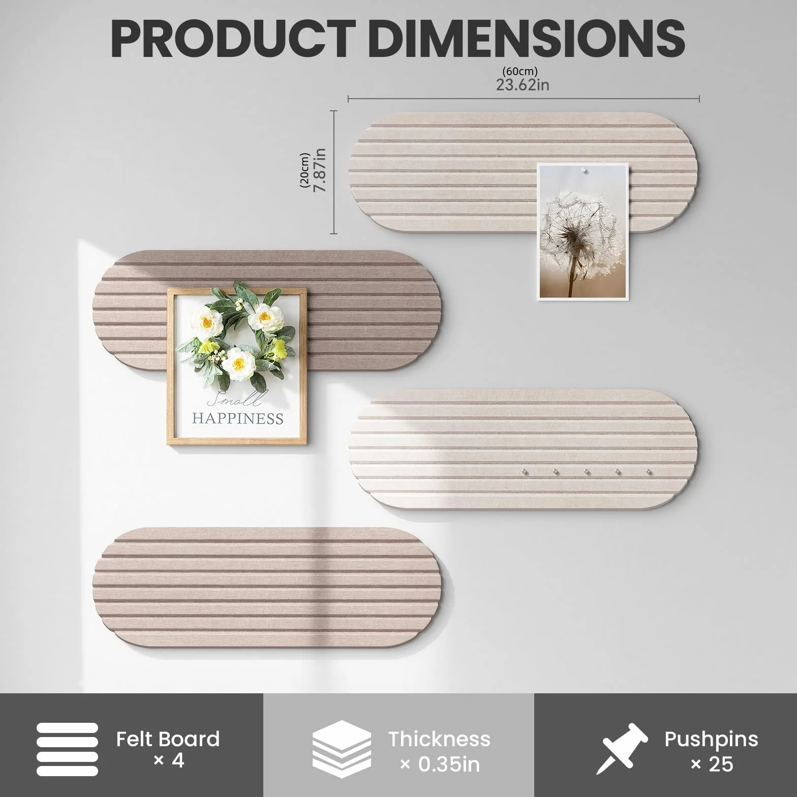 Tableau Feutrine Bureau 60x20cm Lot 4 Panneaux Muraux Feutre Autocollante 30 Punaises Affichage Beige