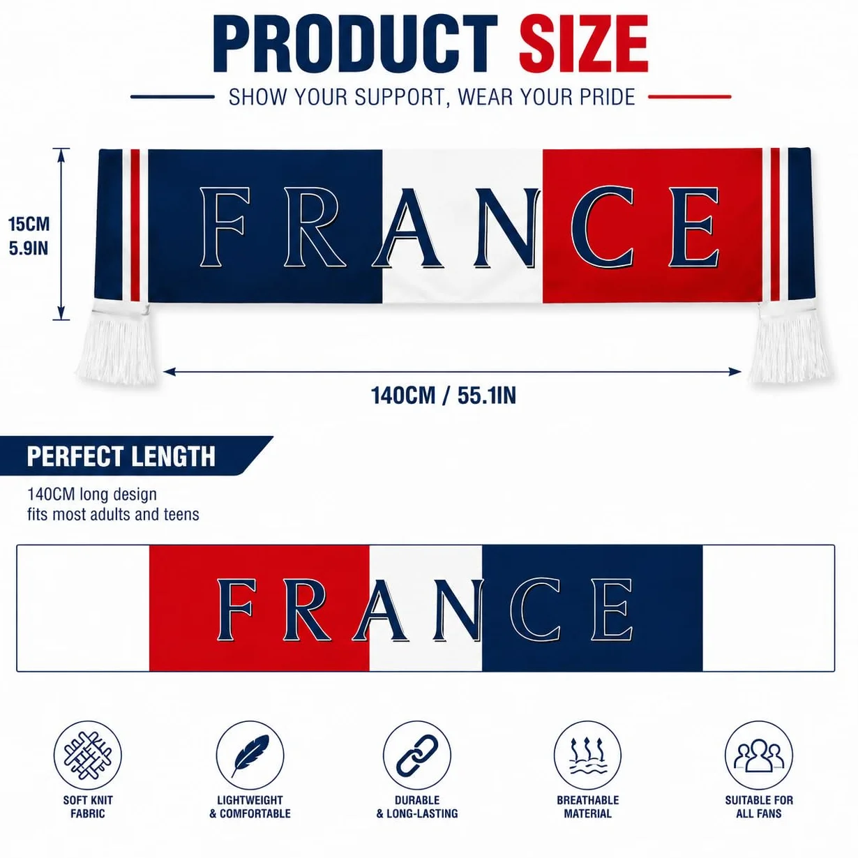 Lot De 1 Écharpe Fan France – Écharpe Tricolore Avec Logo France, Longue Écharpe Tressée Pour Hommes & Femmes, Parfaite Pour Matchs De Foot, Fan Party & Stade