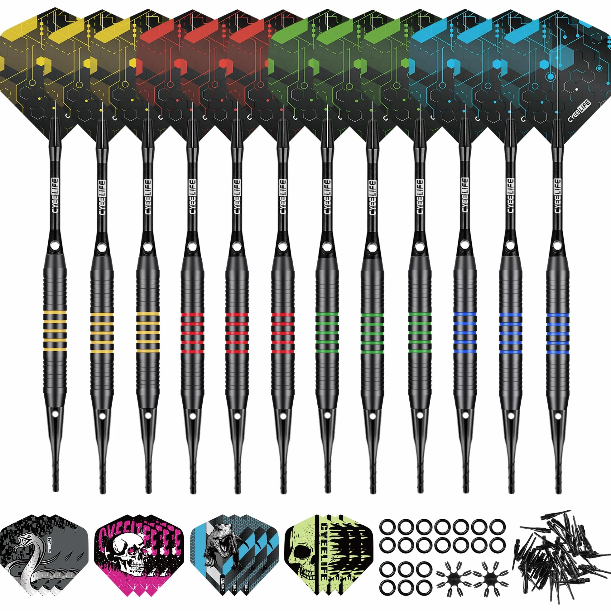 CyeeLife Flechette Pointe Plastique,12 Fléchettes avec 24 Ailettes et 50 Pointes Flechette Plastique,Set de Flechettes à Pointe Souple pour Cibles Électroniques