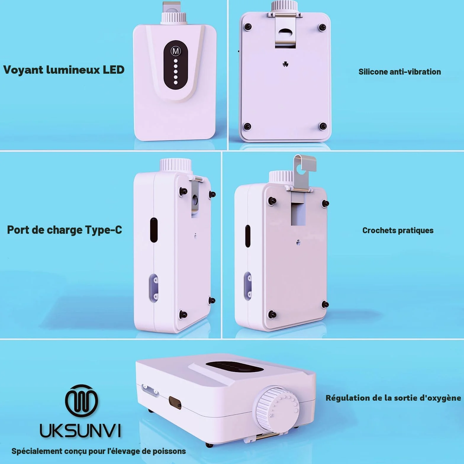 Pompe à air solaire 6 W avec batterie 6000 mAh, aérateur de bassin USB et solaire