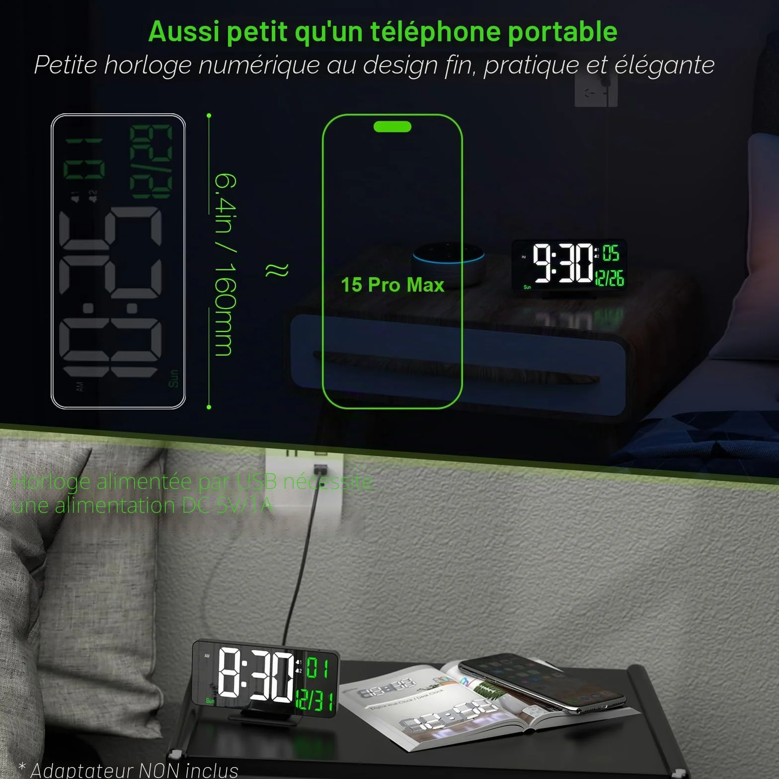 KOSUMOSU Horloge de Table Numérique 6,7 Pouces Double Alarme LED