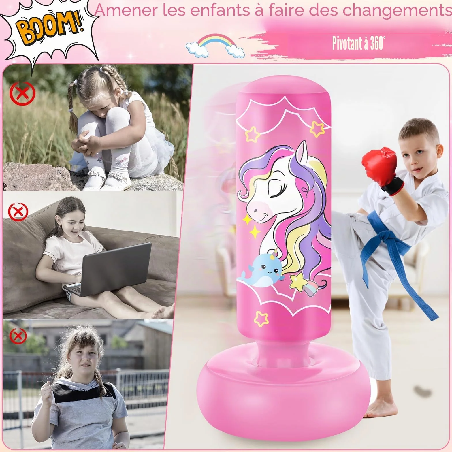 YORWHIN 168cm Sac de Frappe Gonflable pour Enfants avec Gants de Boxe, Sac de Boxe sur Pied, pour Les Enfants, Les Filles, Set de Frappe pour Pratiquer Le Karaté, Le Taekwondo et Le MMA