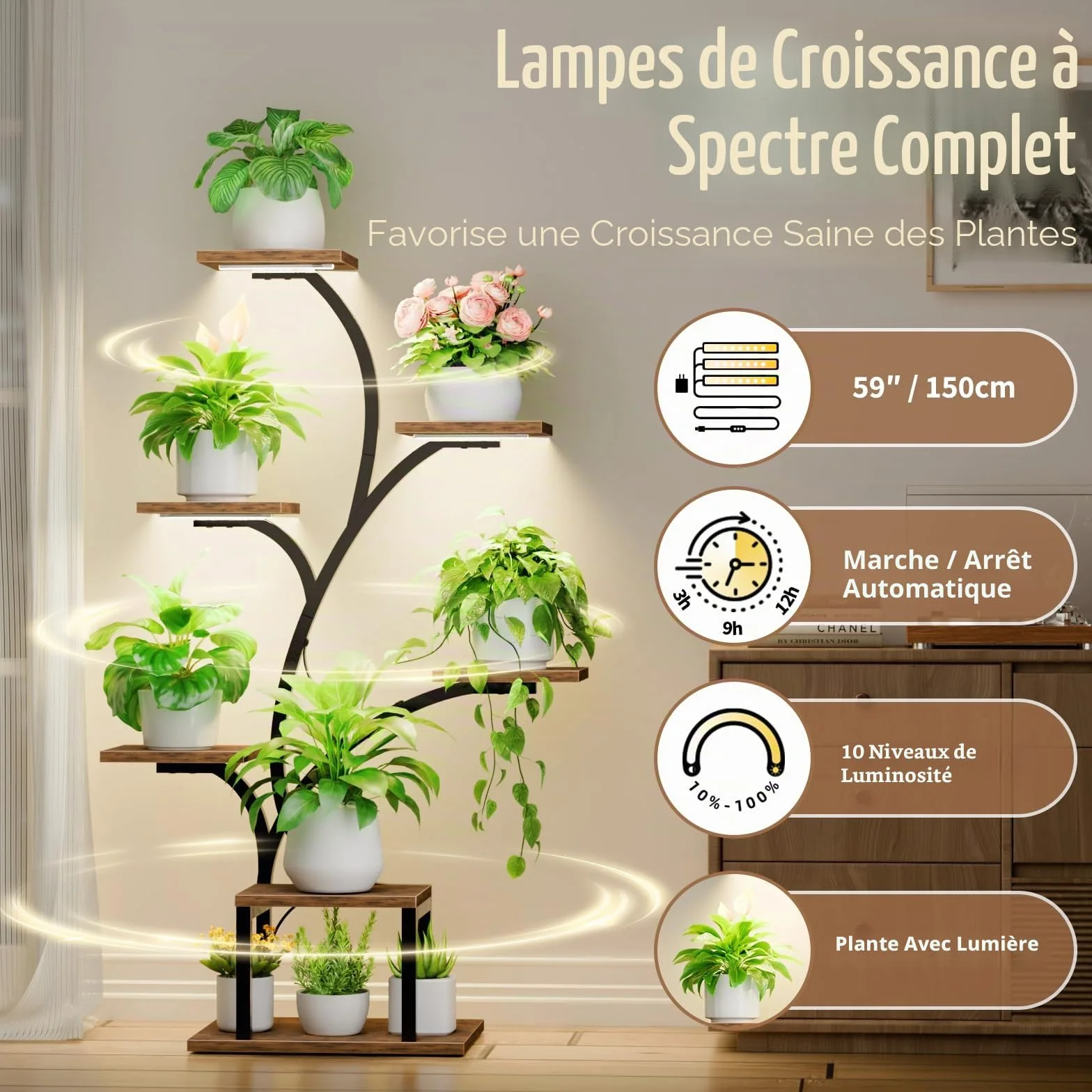 BACEKOLL Support pour plantes d'intérieur avec lampes de croissance, étagère à 7 niveaux, en métal en forme d'arbre
