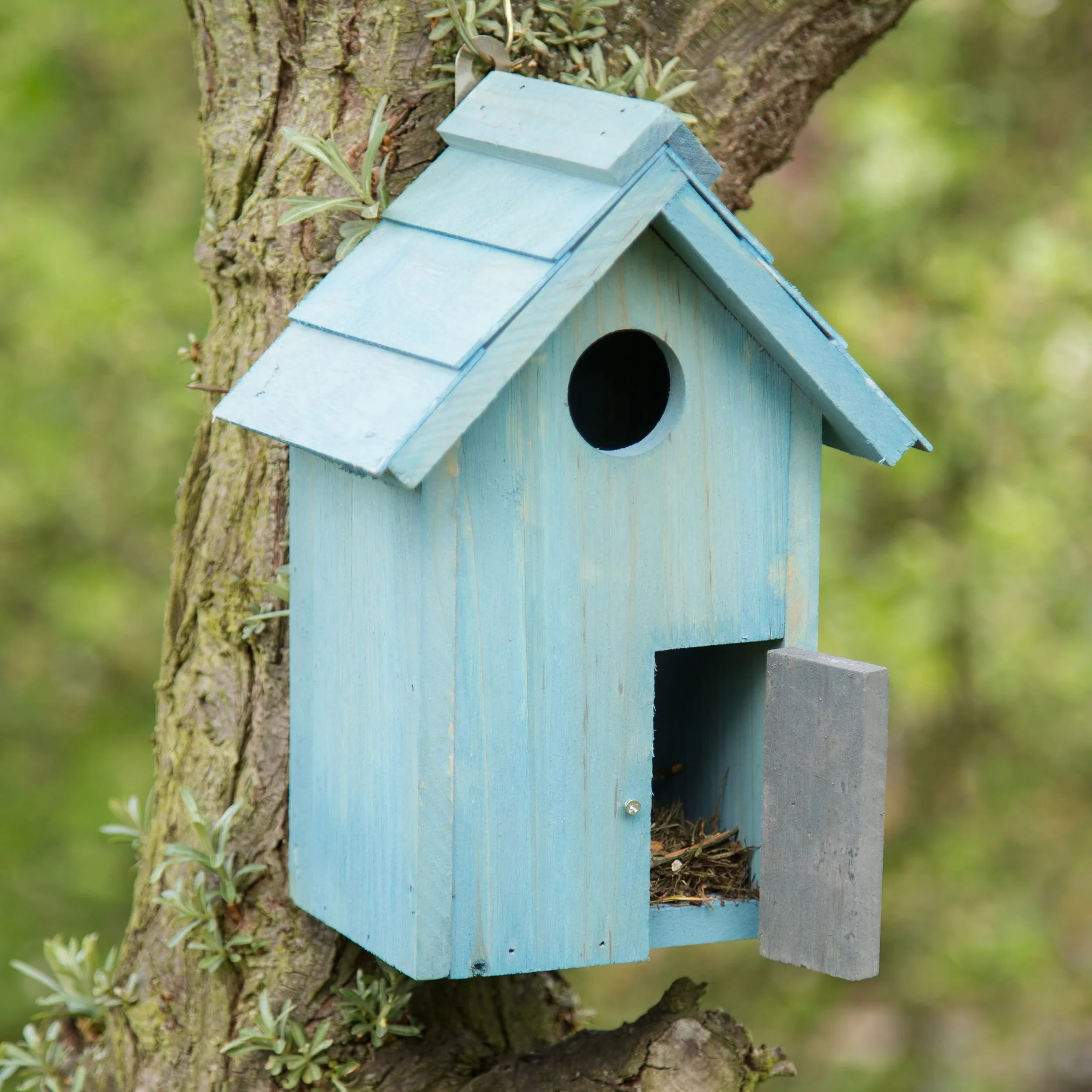 Relaxdays Nichoir à oiseaux en bois forme de petite maison bleu clair 24,3 x 17 x 12 cm