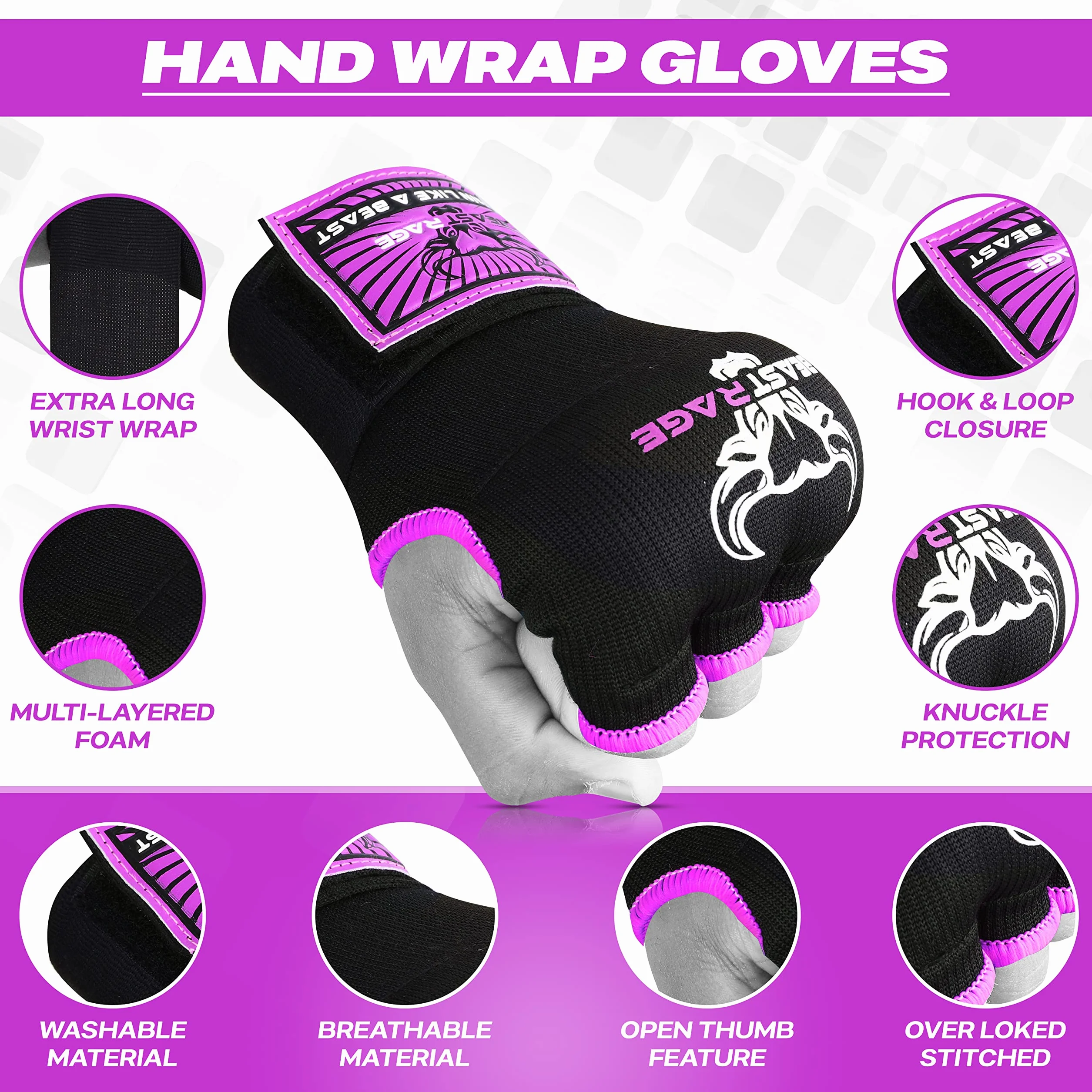 Beast Rage Gants de Boxe en Gel MMA de 75 cm de Long, rembourrés, élastiques, pour Sac de Frappe, entraînement Muay Thai, Bandages UFC pour Hommes, Femmes, Enfants