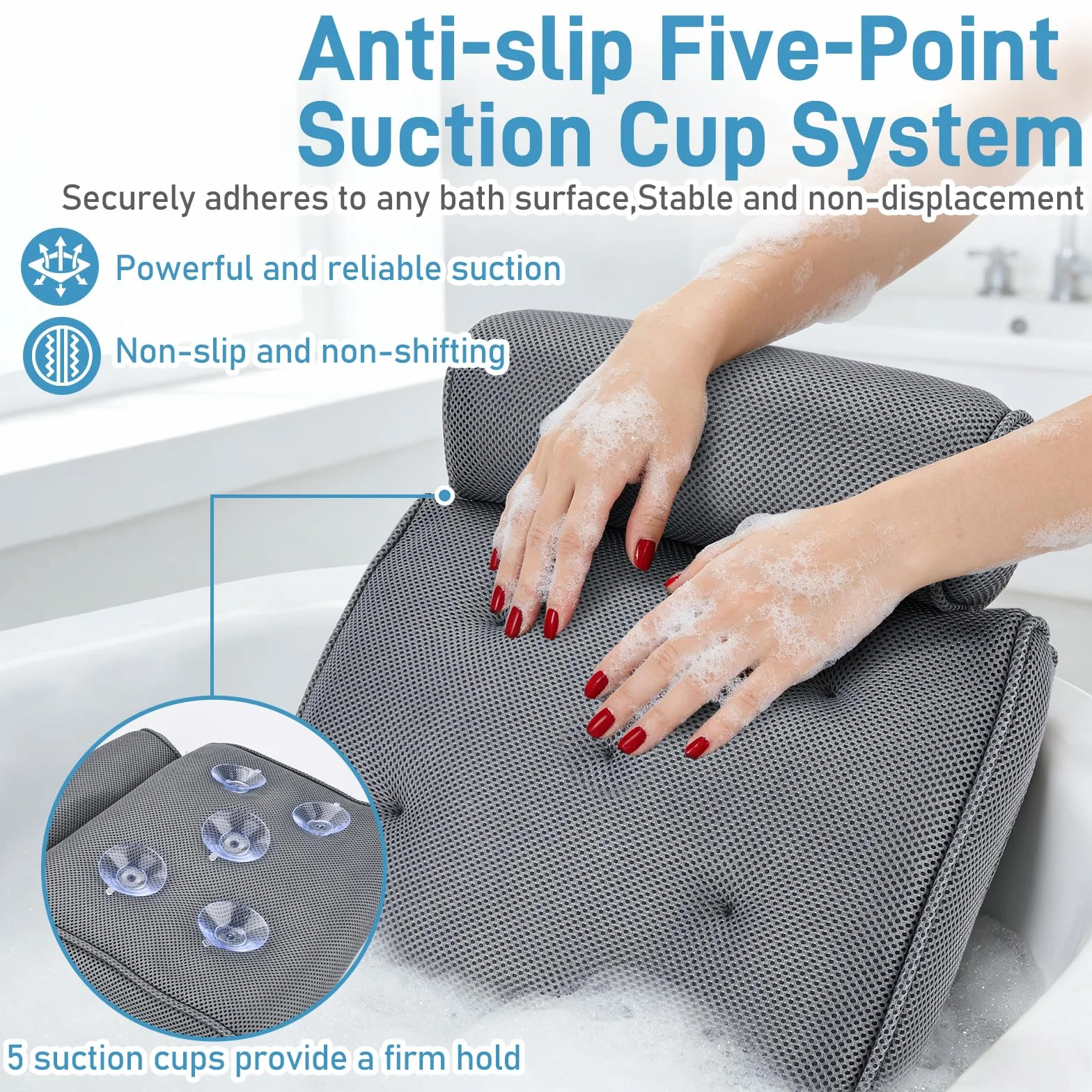 Coussin Baignoire Ergonomique avec 4D Air Mesh & 5 Ventouses pour Tous Types de Baignoires, Spa, Jacuzzi