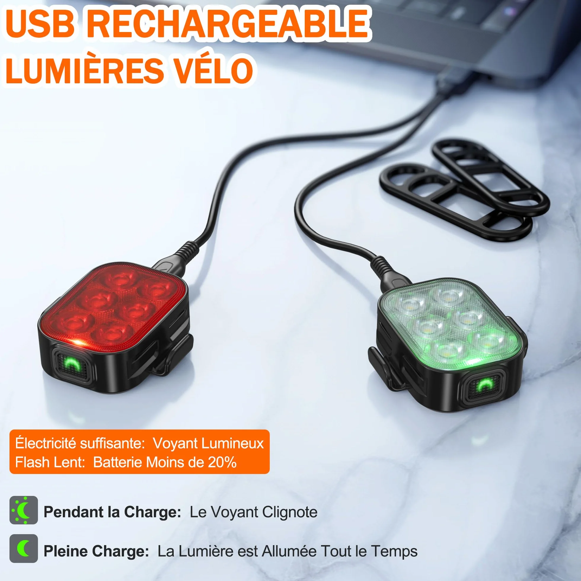 Lumiere Velo，Feux Avant et Arrière de Vélo, IP65 Imperméable à l'eau USB Rechargeable, Équipé de 6 Perles de Lumière LED Super Lumineux, 4 + 6 Modes D'éclairage, Adapté pour la Conduite de Nuit.