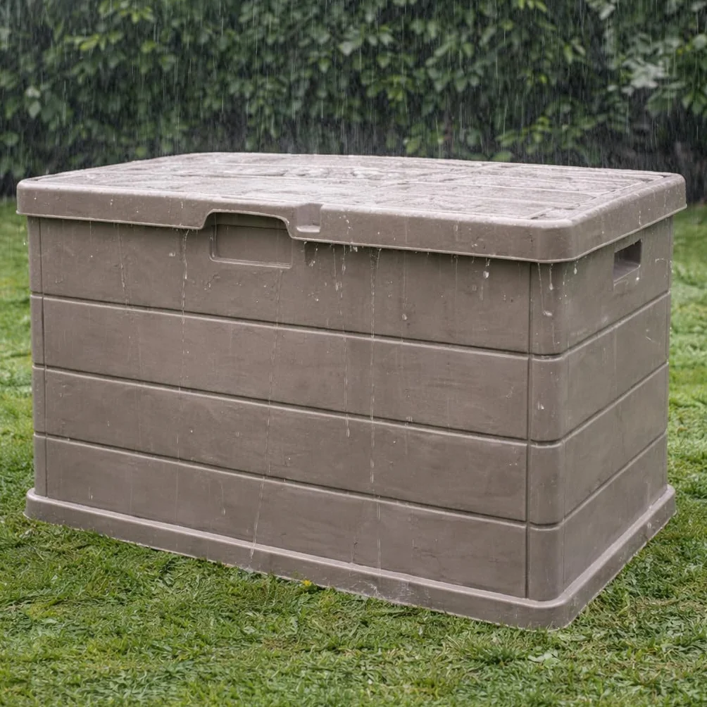 Baule Cassapanca Multi-usage 170LT Extérieur Intérieur Effet Bois Résine Taupe Conteneur Stockage