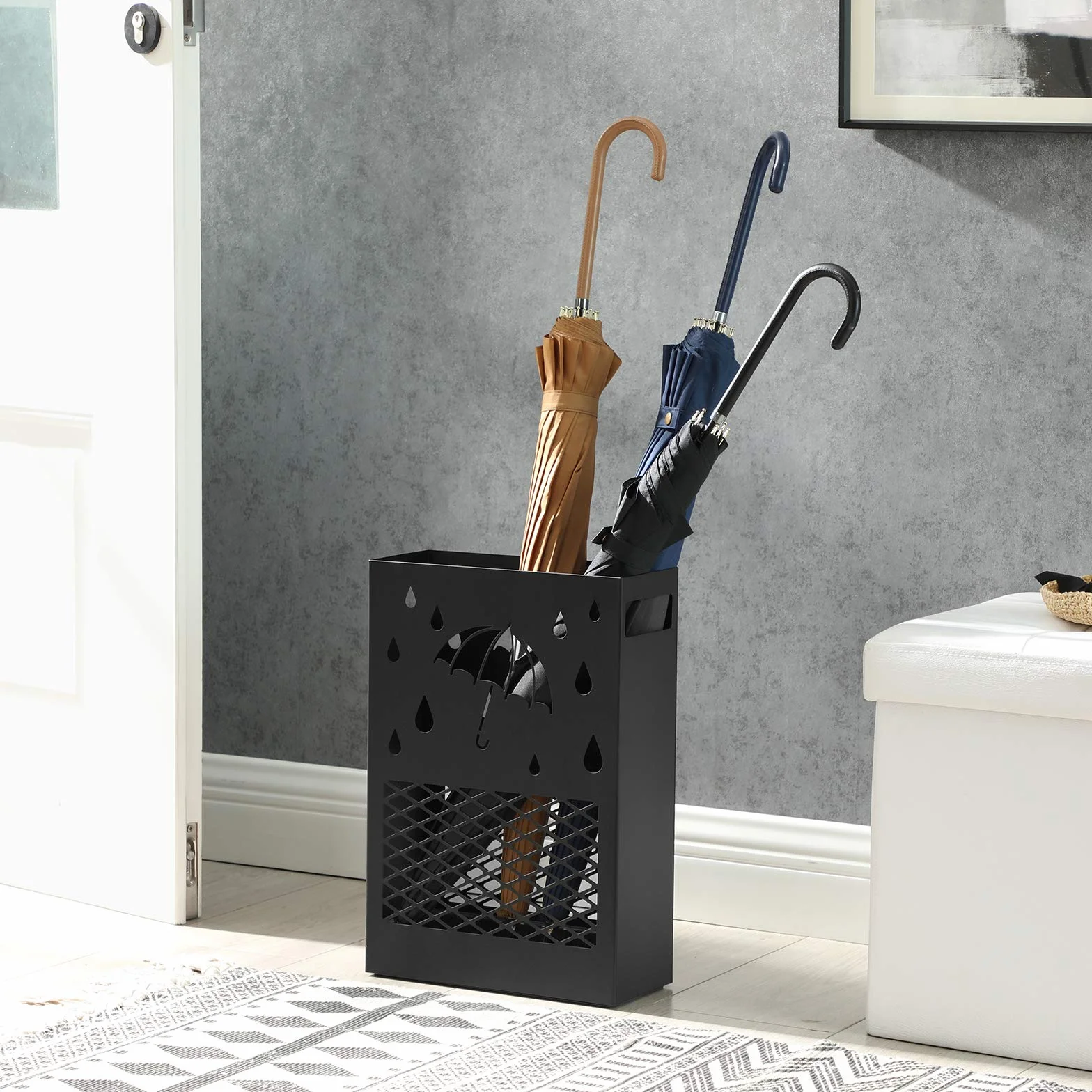 SONGMICS Porte-parapluies métal rectangulaire avec réceptacle d'eau amovible 4 crochets Noir
