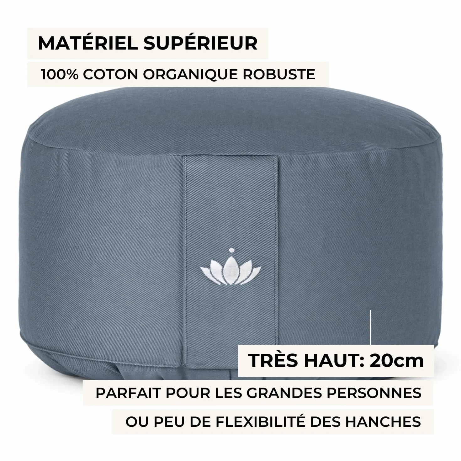 LOTUSCRAFTS Coussin de méditation, hauteur d'assise 20 cm, modèle Lotus rond, coussin de yoga, yoga bolster, housse en coton lavable, rembourrage d'épeautre, Certifié GOTS