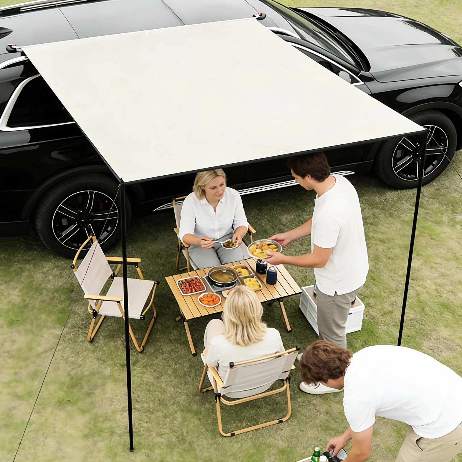 Kit de Auvent Voiture Rétractable, 200x300cm, avec 2 Poteaux, 8 Câbles de Haubanage, 8 Sardines, 2 Ventouses, Sac de Rangement et Sac de Transport, UPF50+, PU3000+, pour Aventures (Blanc)