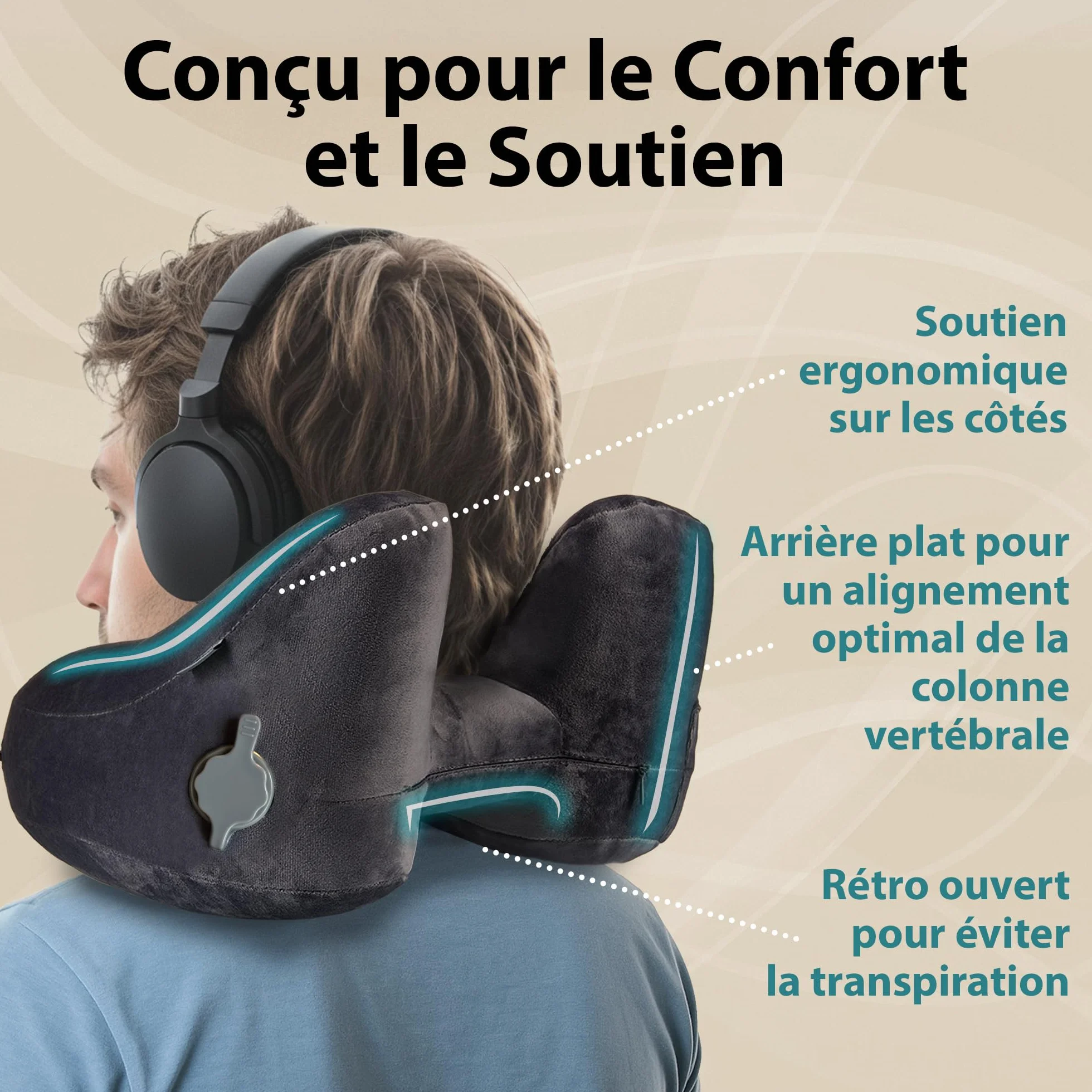FLOWZOOM Air Oreiller de Voyage Gonflable pour Avion Voiture, Coussin Cervical Réglable 5 Positions Sommeil, Taille L Noir