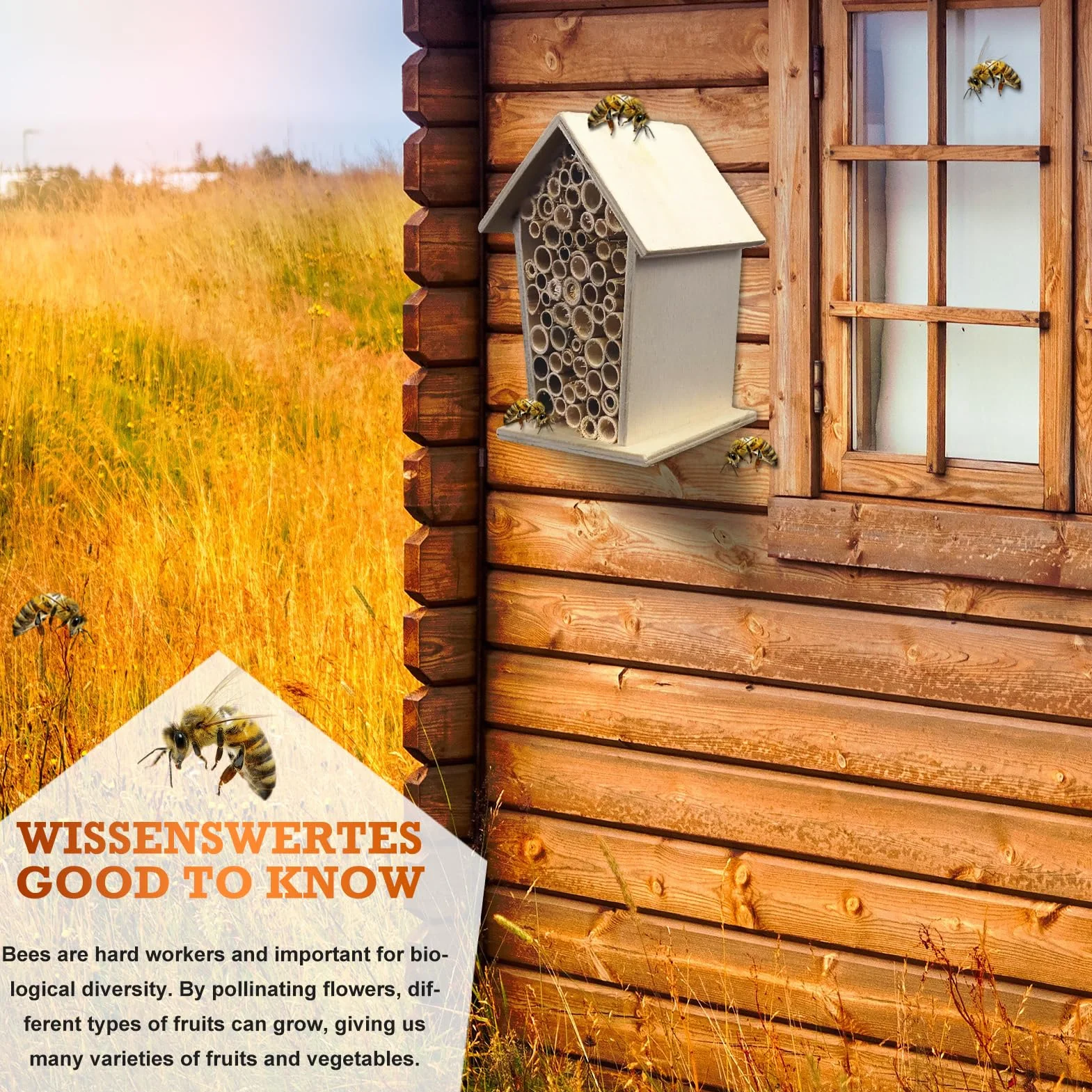 Hotel a Insectes Petite Taille en Bois Résistant aux Intempéries pour Abeilles Mellifères, Sauvages, Bourdons et Coccinelle avec Tubes en Bambou
