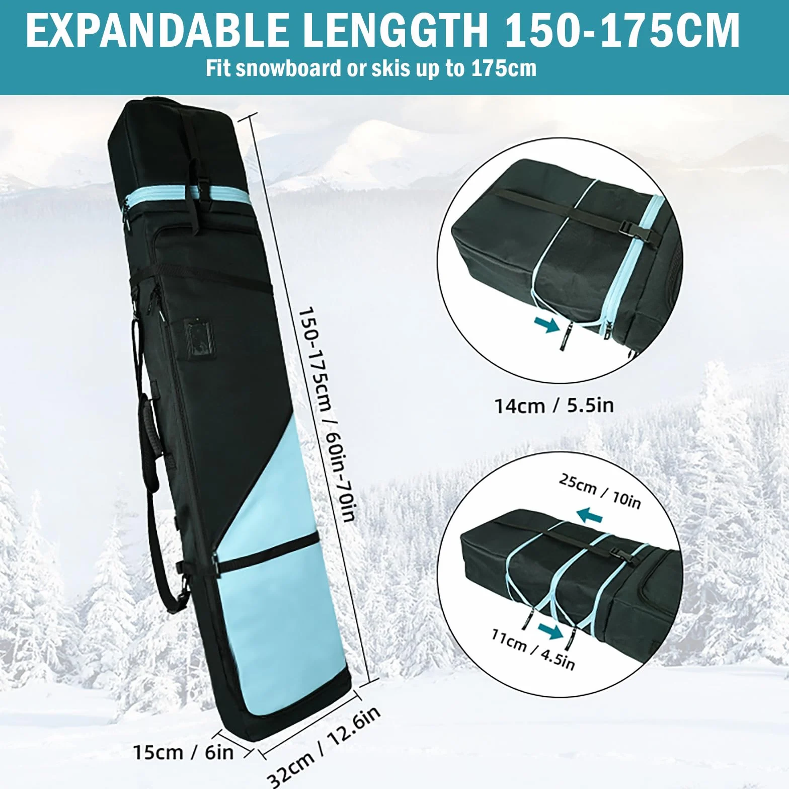 AUMTISC Housse de Snowboard, Sac de Voyage pour Snowboard, Sac de Rangement pour Skis, Bottes et équipement, Longueur réglable de 156 cm à 181 cm