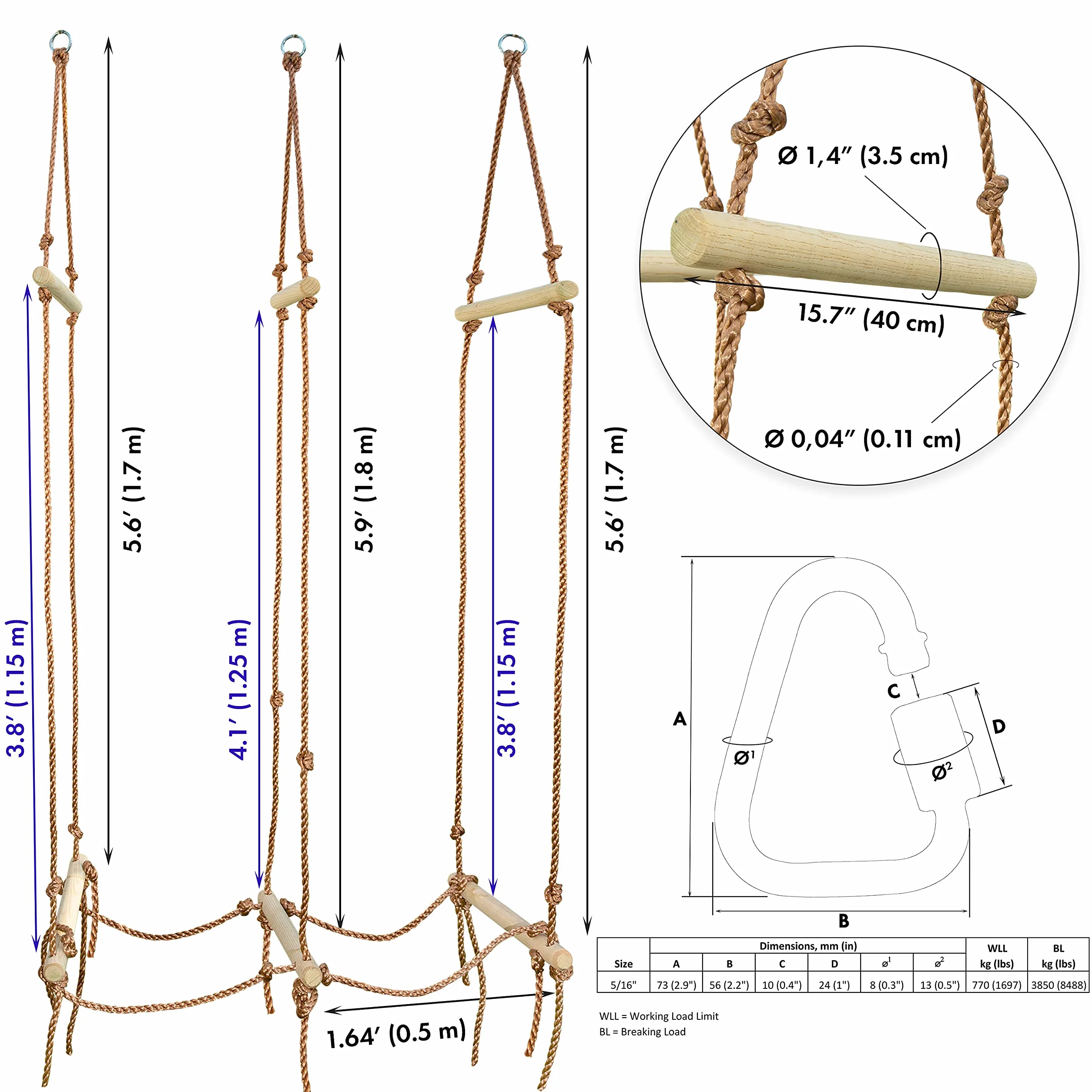 Échelle de Corde de Pont Rickety - Accessoires de Ligne Slack Ninja - Accessoires de Parcours d'obstacles d'arrière-Cour pour l'entraînement de Guerrier Ninja - Saut de Pont de Corde pour Les Enfants