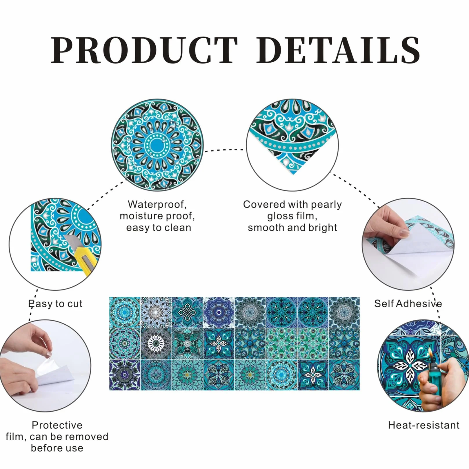 Carreaux Autocollants Décoratifs Bleu Mandala 15x15cm Lot de 24 Stickers Carrelage Imperméables PVC Cuisine Salle de Bain