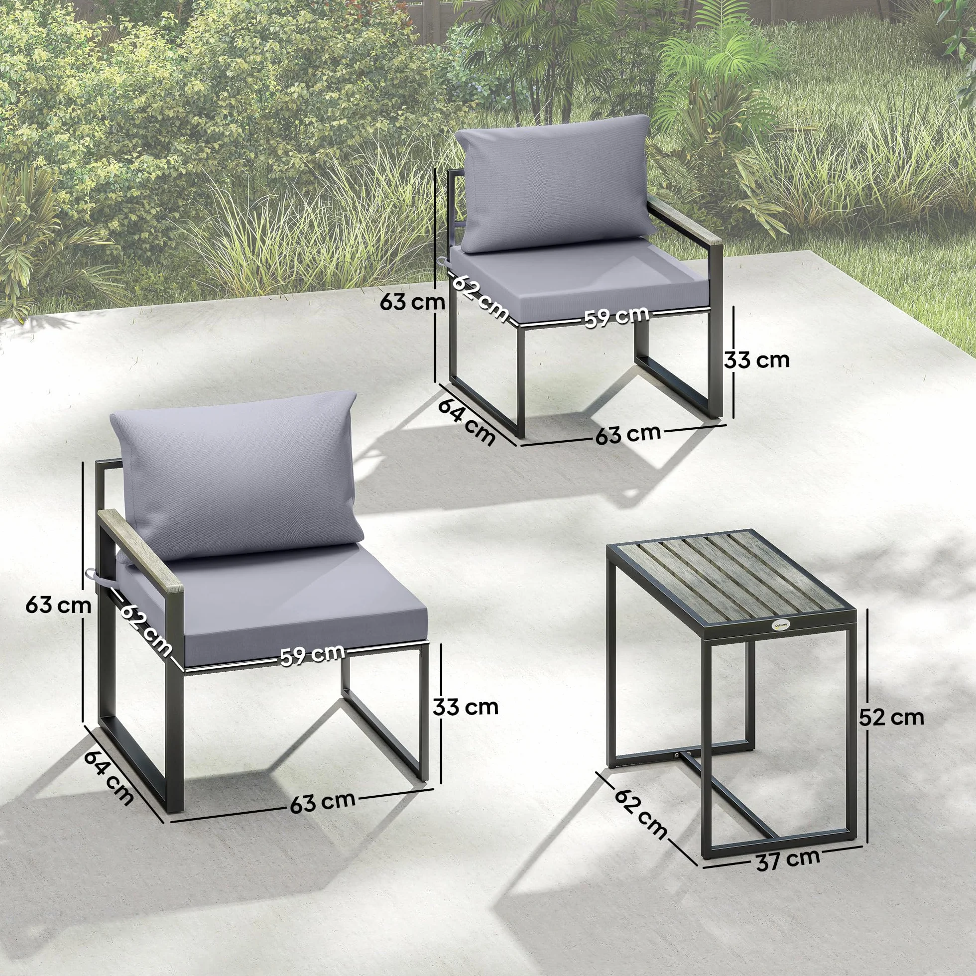 Outsunny Salon de Jardin 3 pièces avec Coussins 14cm, Fauteuils et Table d'appoint, Gris