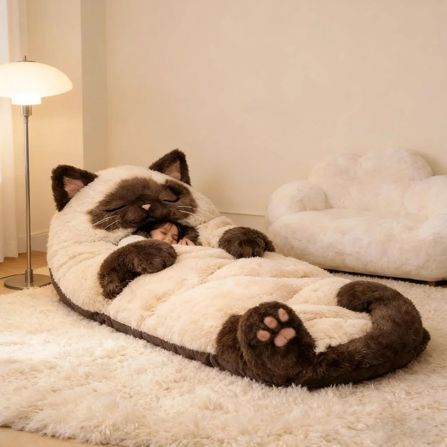 Sac de couchage en forme de chat pour adultes, 170 cm, lavable et chaud en peluche pour homme, adorable chat, couverture chaude en forme d'animal mignon, pour le camping, la maison, la détente
