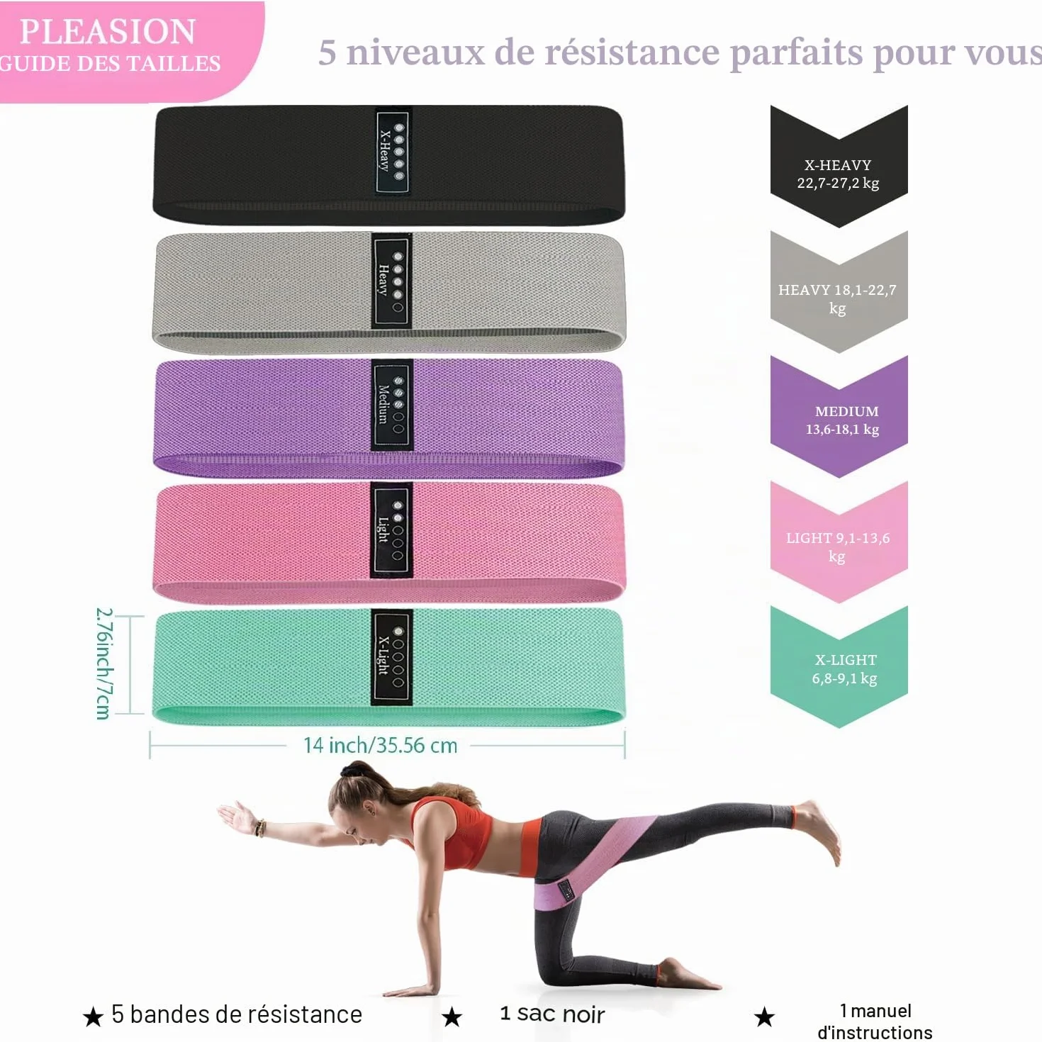 Bande Élastique Musculation Fitness en Tissu, Bande de Résistance pour Femme/Homme, Sport Entraînement