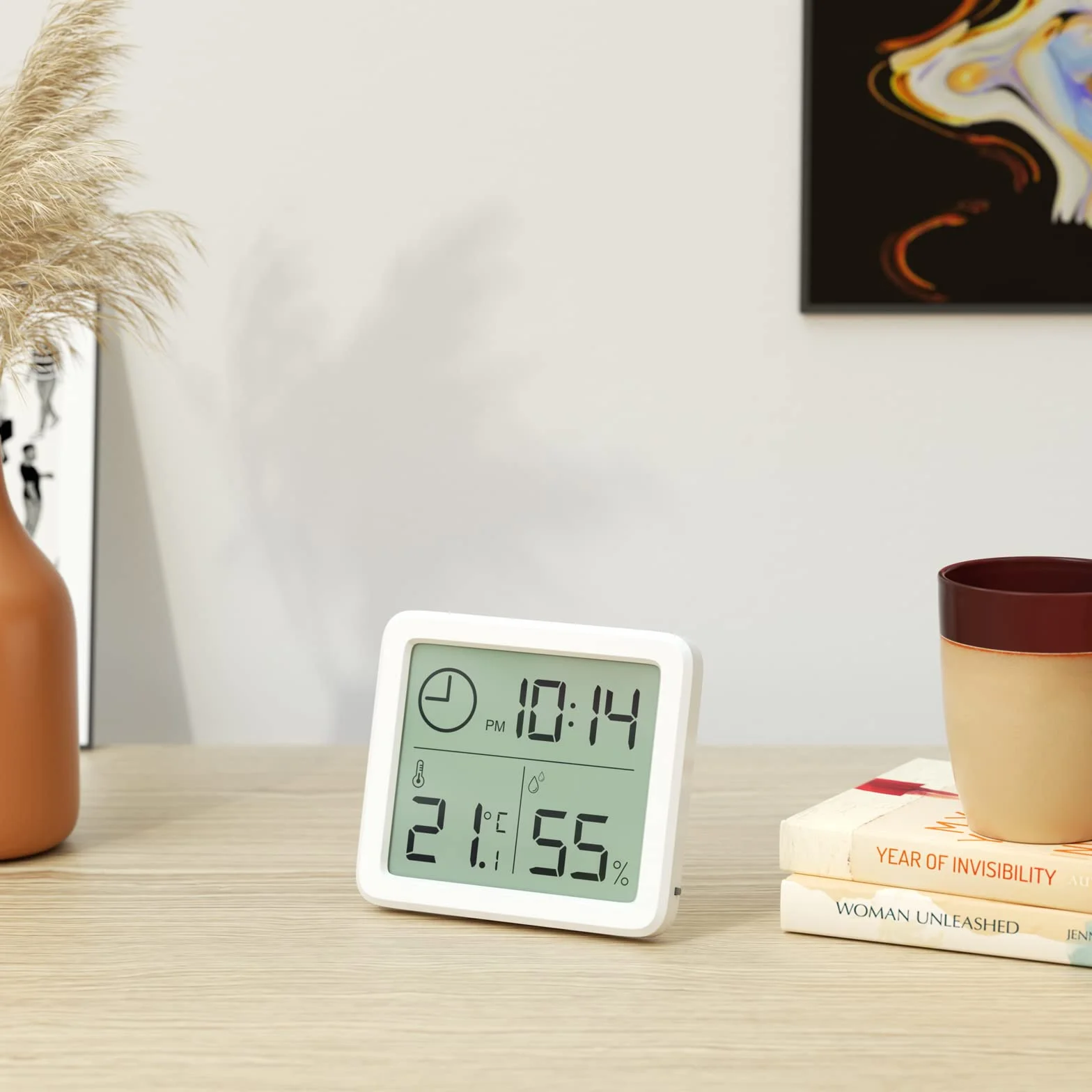 Gvolatee Thermometre Interieur Numerique Hygrometre Portable 2 Pieces Grand Ecran Horloge Blanc Precis Maison Chambre Bebe