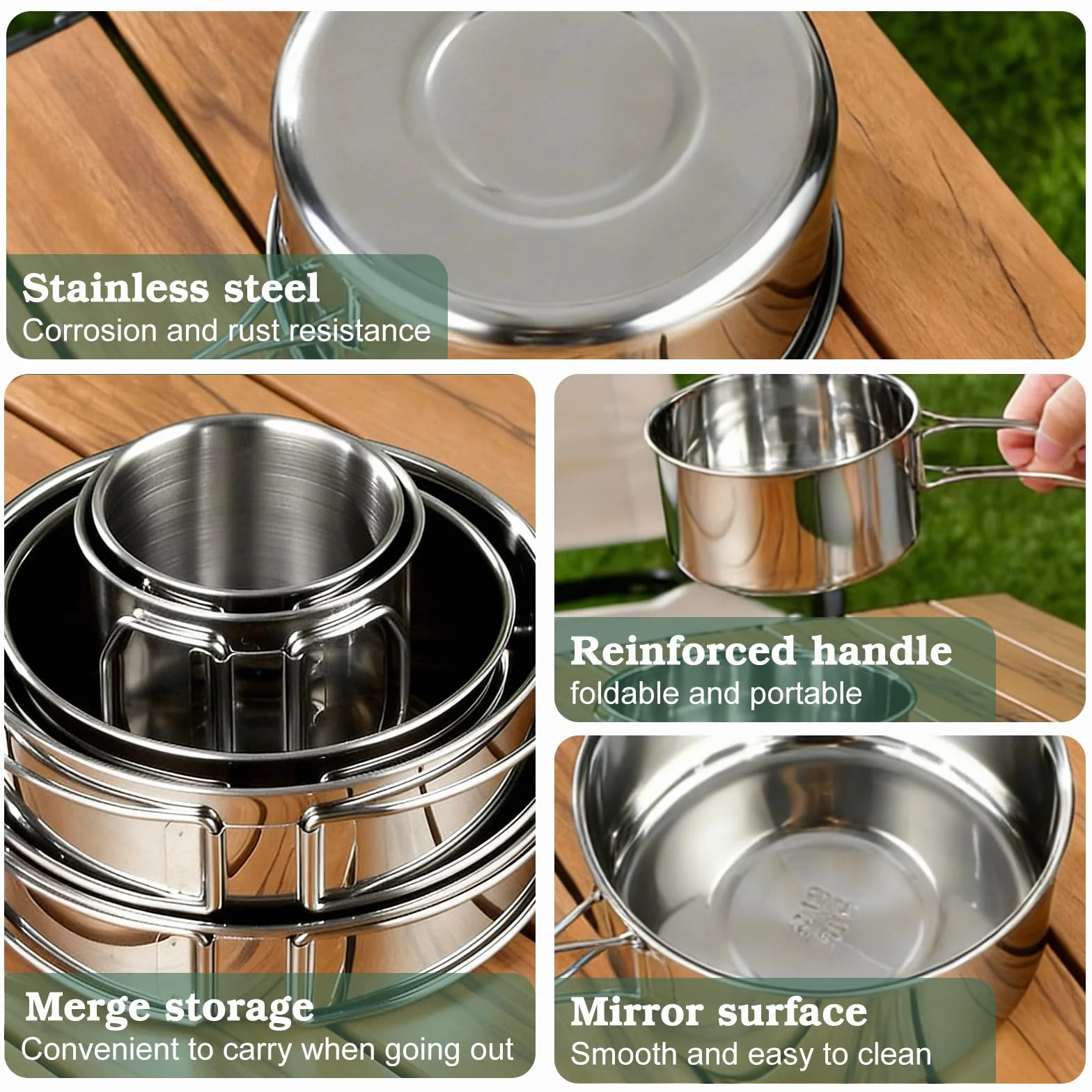 Lot de 5 Batterie de Cuisine de Camping, Kit de Casseroles Camping, Kit de Casseroles de Camping, en Acier Inoxydable avec Sac de Rangement et gobelet Pliable pour 1 à 3 Pique-niques