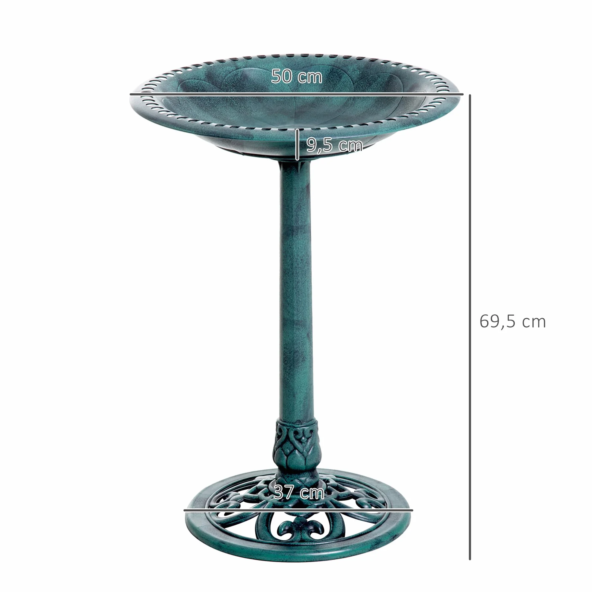 Outsunny Bain d'oiseaux Plateau 50cm, Abreuvoir Oiseaux extérieur Pied 69,5cm, Mangeoire Design Coquille Fleur-de-lys