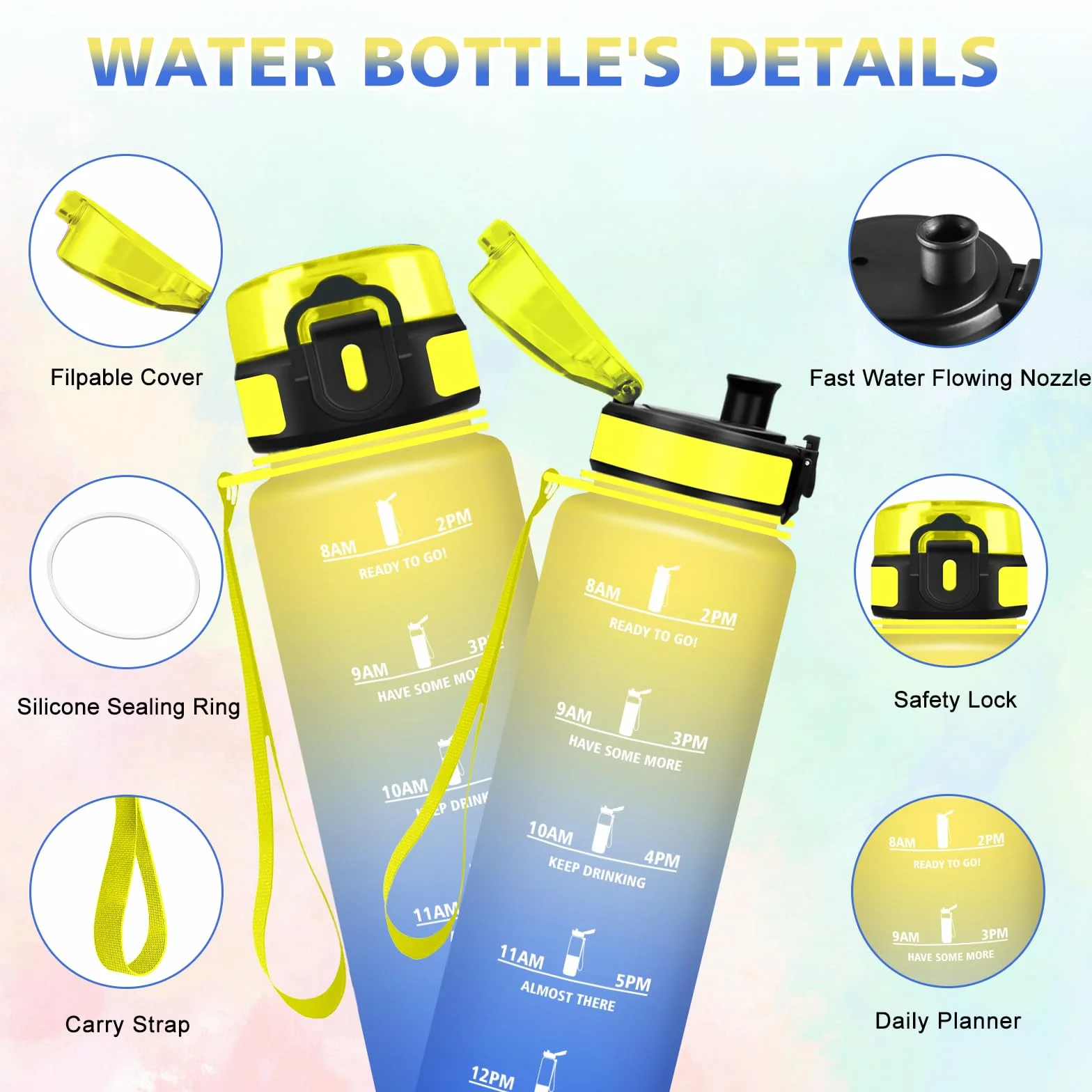 Gourde 1l, Gourde Sport, Facile à Nettoyer, Bouteille avec Verrou de Sécurité, Bouteille d'eau Avec Spazzolare, Bouteille Plastique avec Marqueur de Temps, pour Running, École, Sport, Bureau